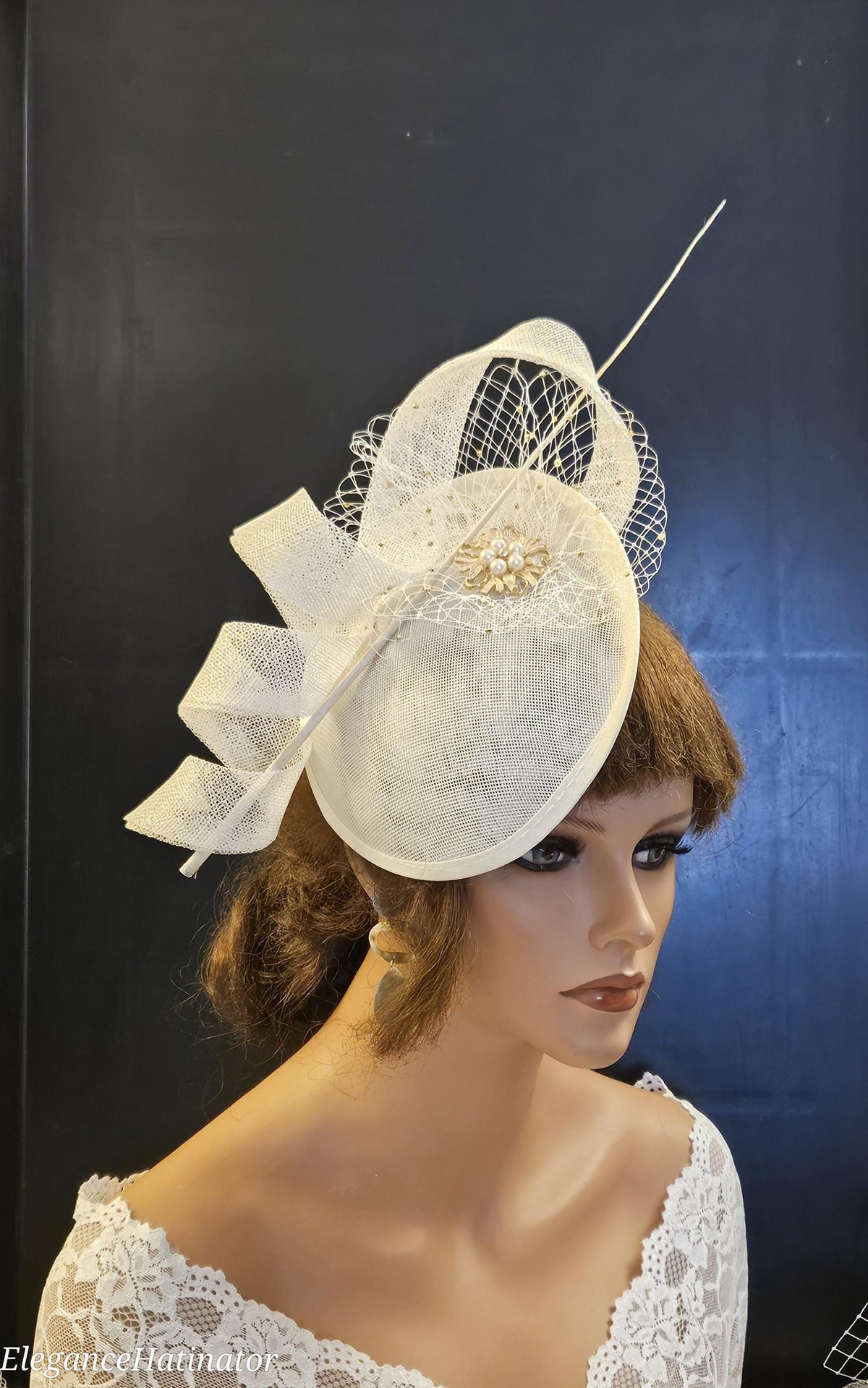 Ivory Sinamay Fascinator: Derby Wedding Hatinator with Pearls