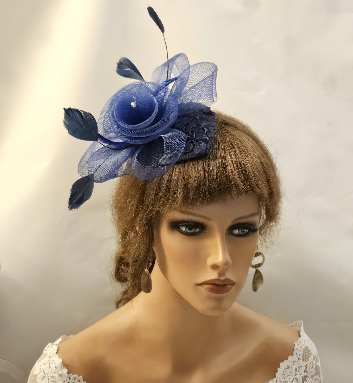 NAVY BLUE HAT fascinator, Hat fascinator blue hat with Crinoline roses Feathers Ascot hat fascinator Wedding,Race,Cocktail