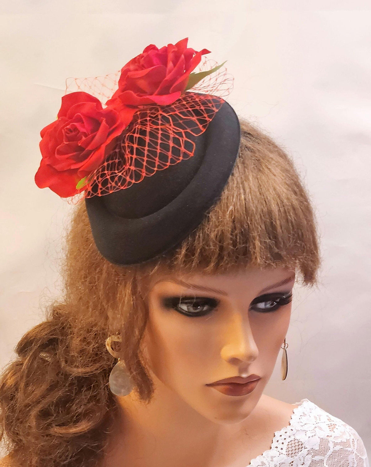 Black Pillbox Fascinator: Red Rose & Netting Derby Hat