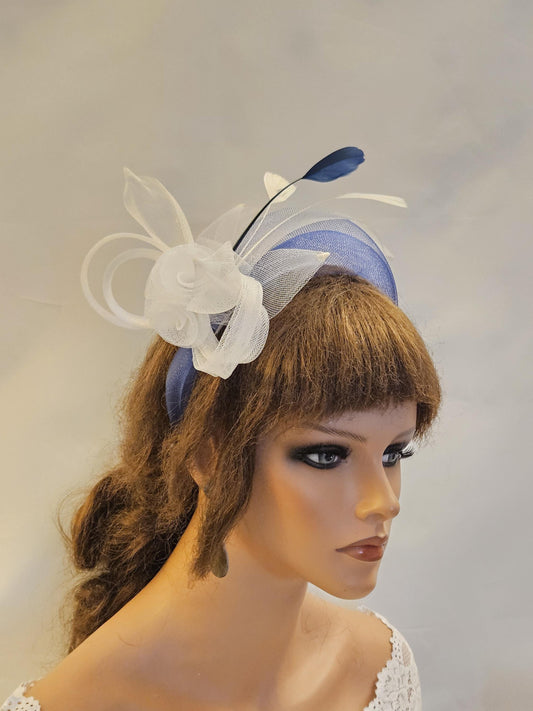 White & Navy Crinoline Fascinator Headband: Wedding Tea Party Headpiece