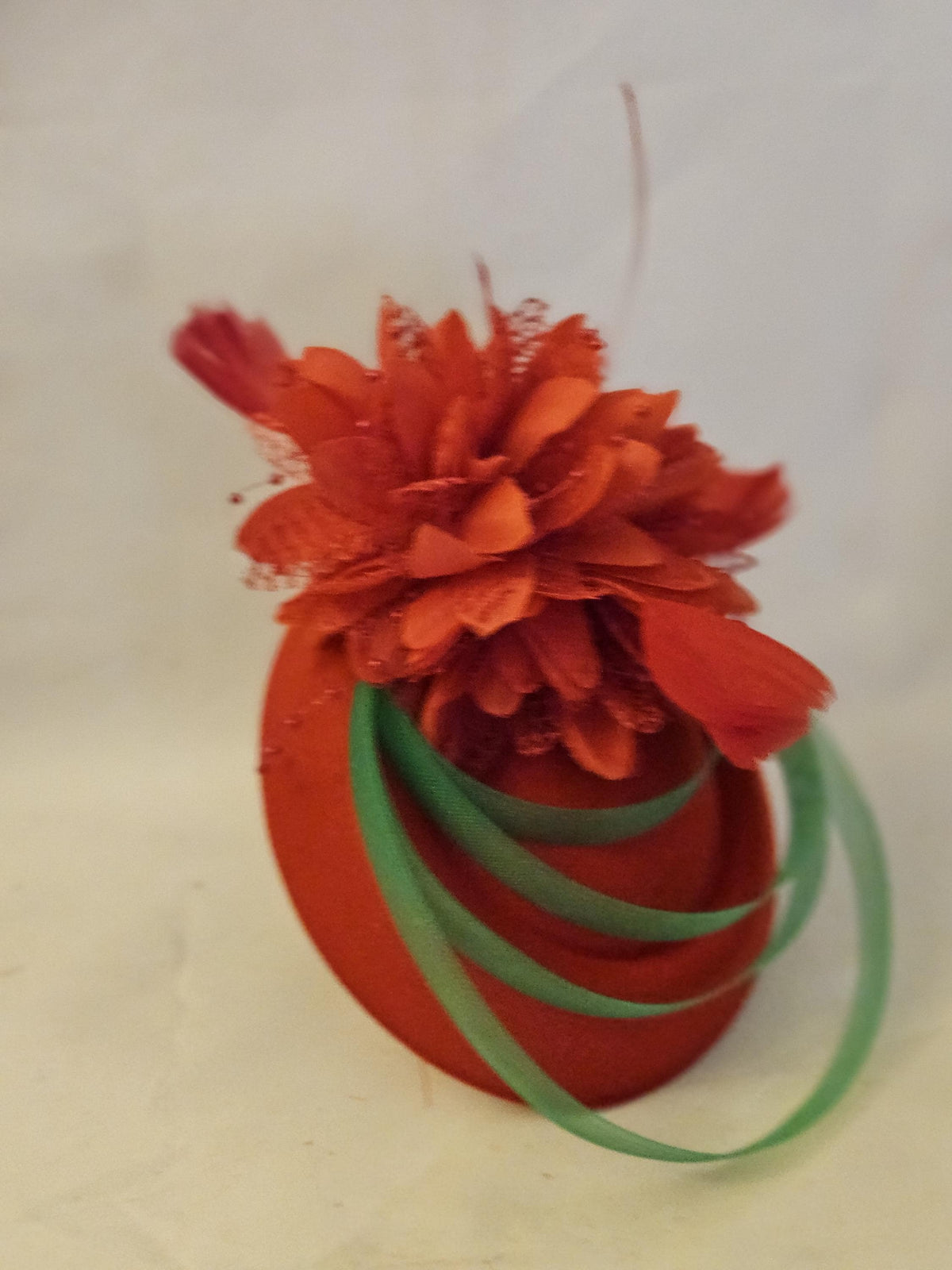 Red & Green Fascinator Hat: Feather Flower Headband