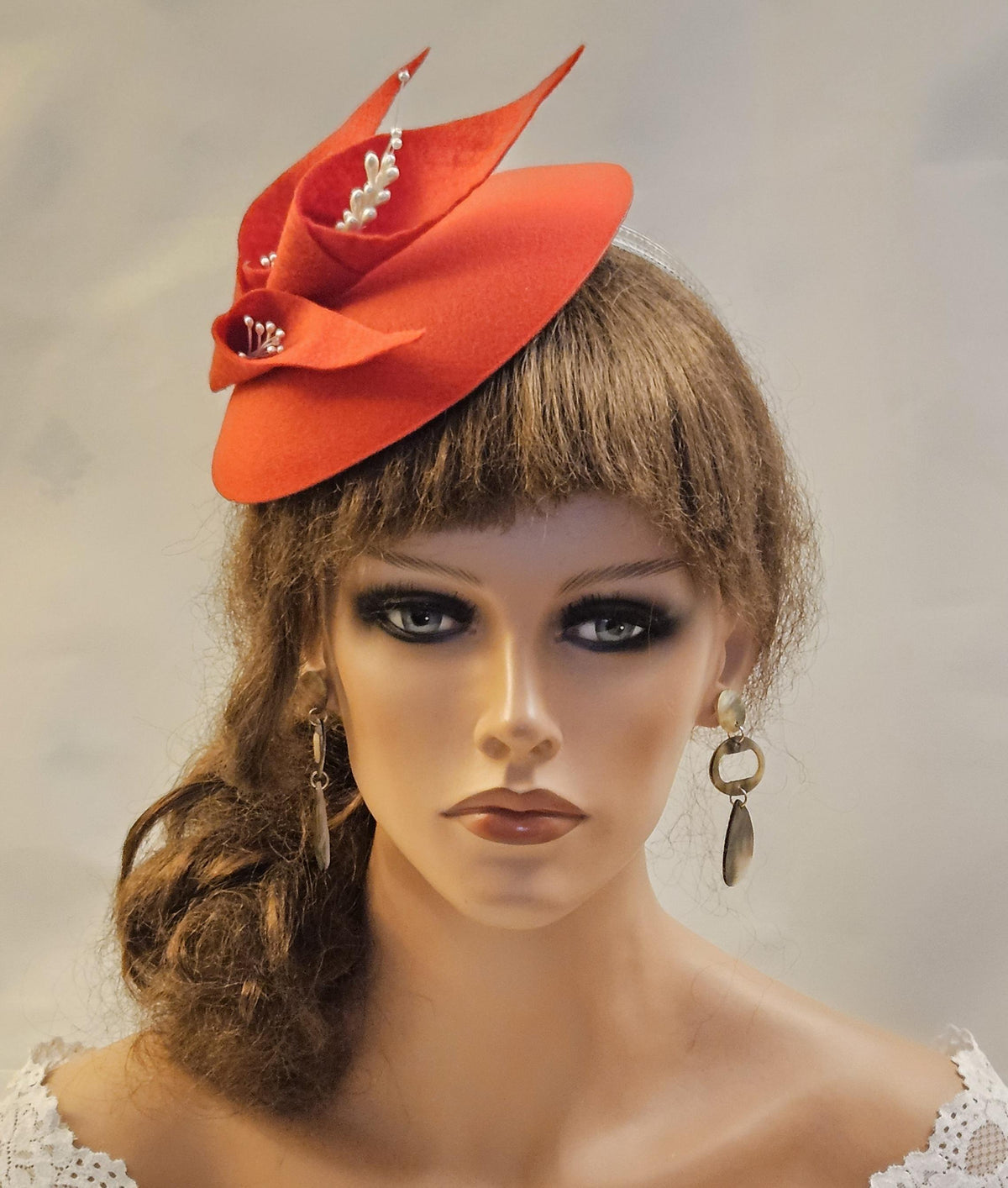 Red Felt Fascinator Hat, Pearls, Wedding Ascot Hat