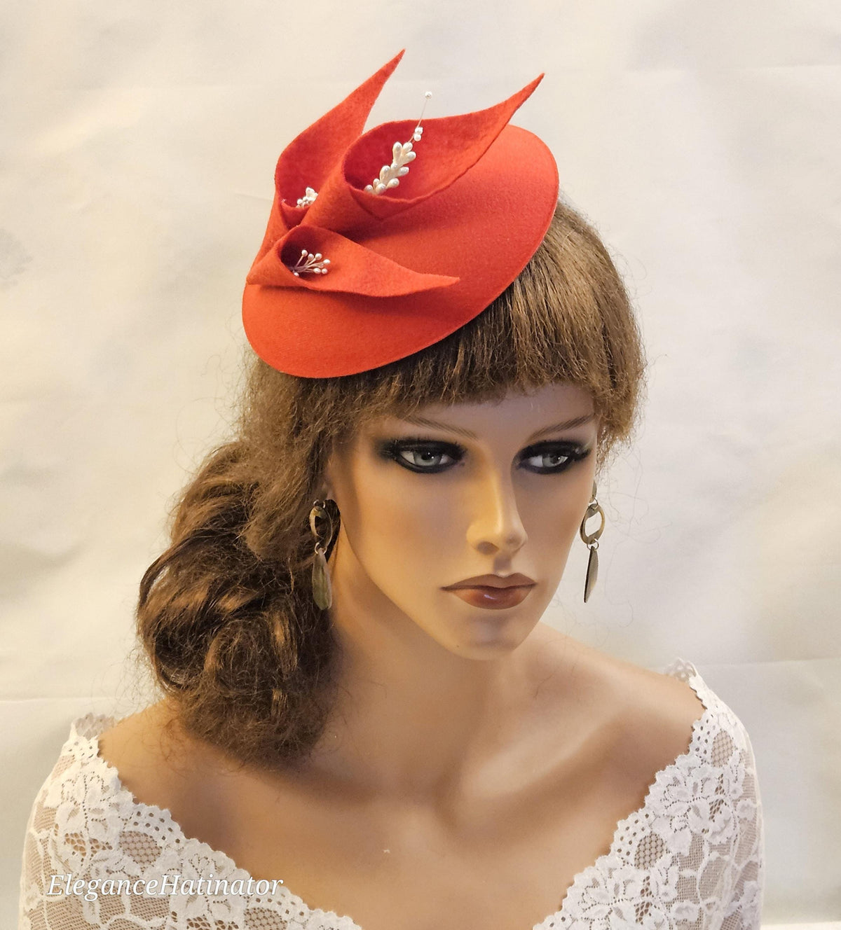 Red Felt Fascinator Hat, Pearls, Wedding Ascot Hat