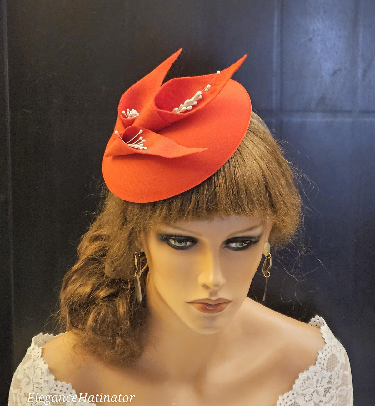 Red Felt Fascinator Hat, Pearls, Wedding Ascot Hat