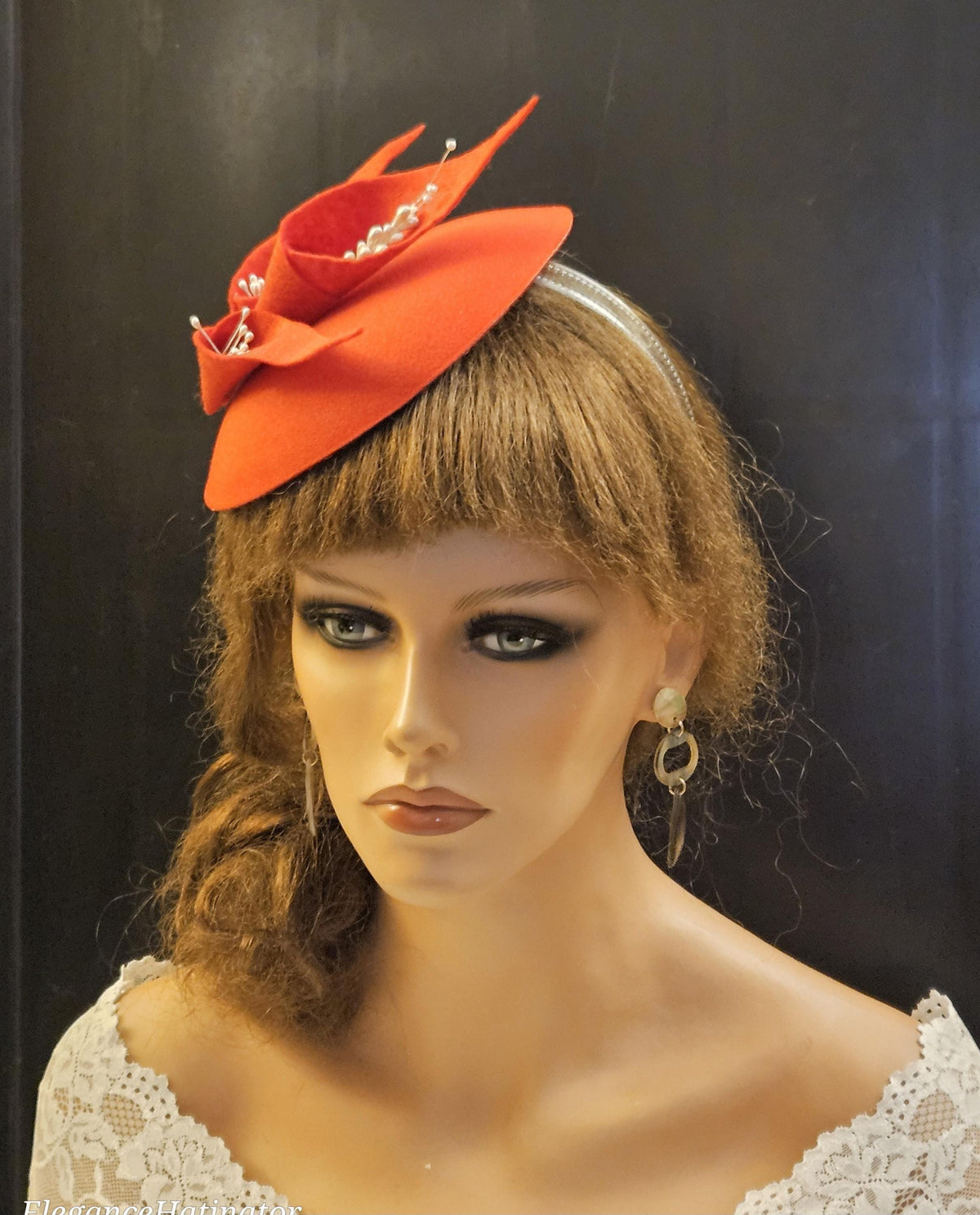 Red Felt Fascinator Hat, Pearls, Wedding Ascot Hat
