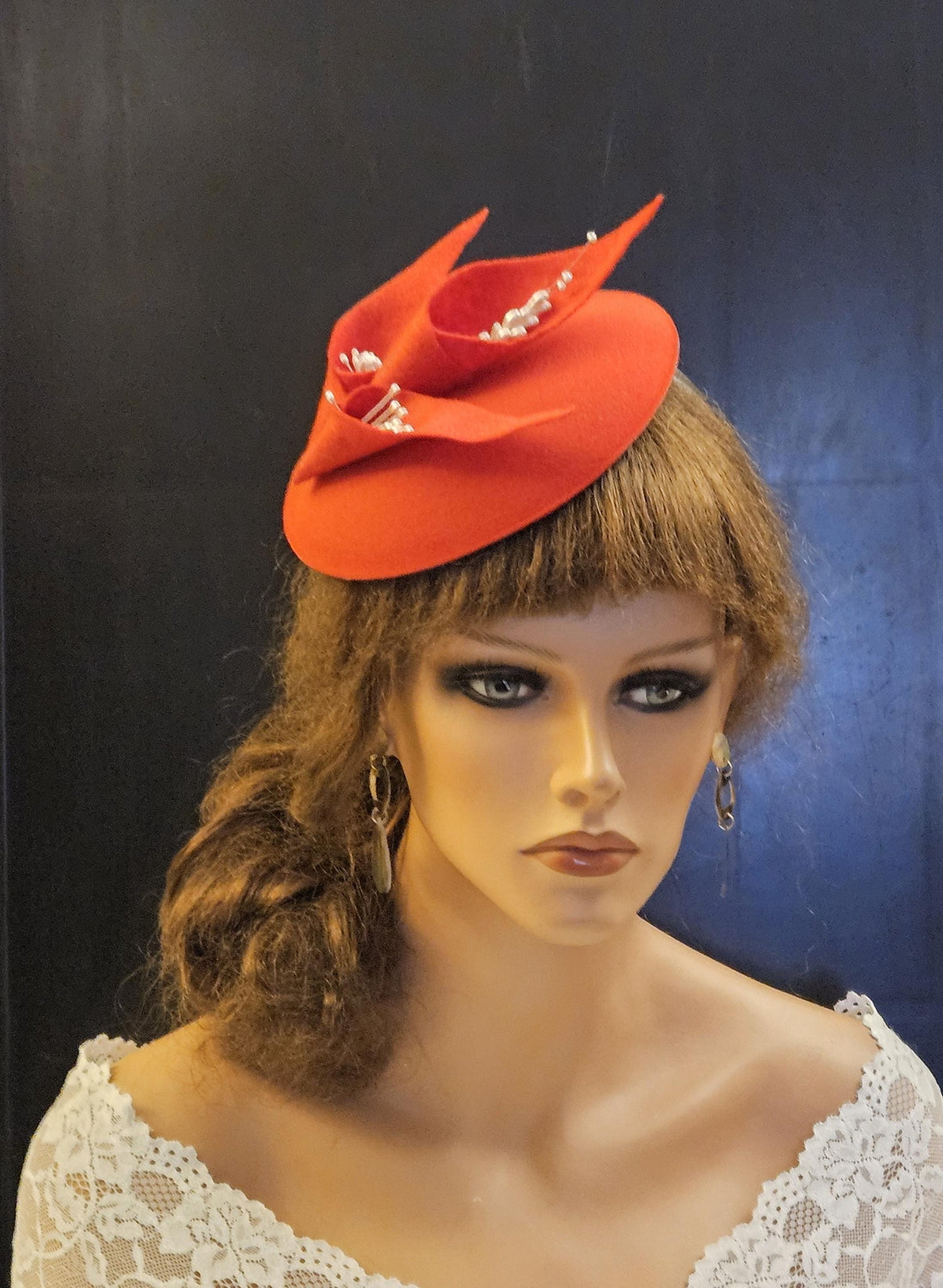 Red Felt Fascinator Hat, Pearls, Wedding Ascot Hat