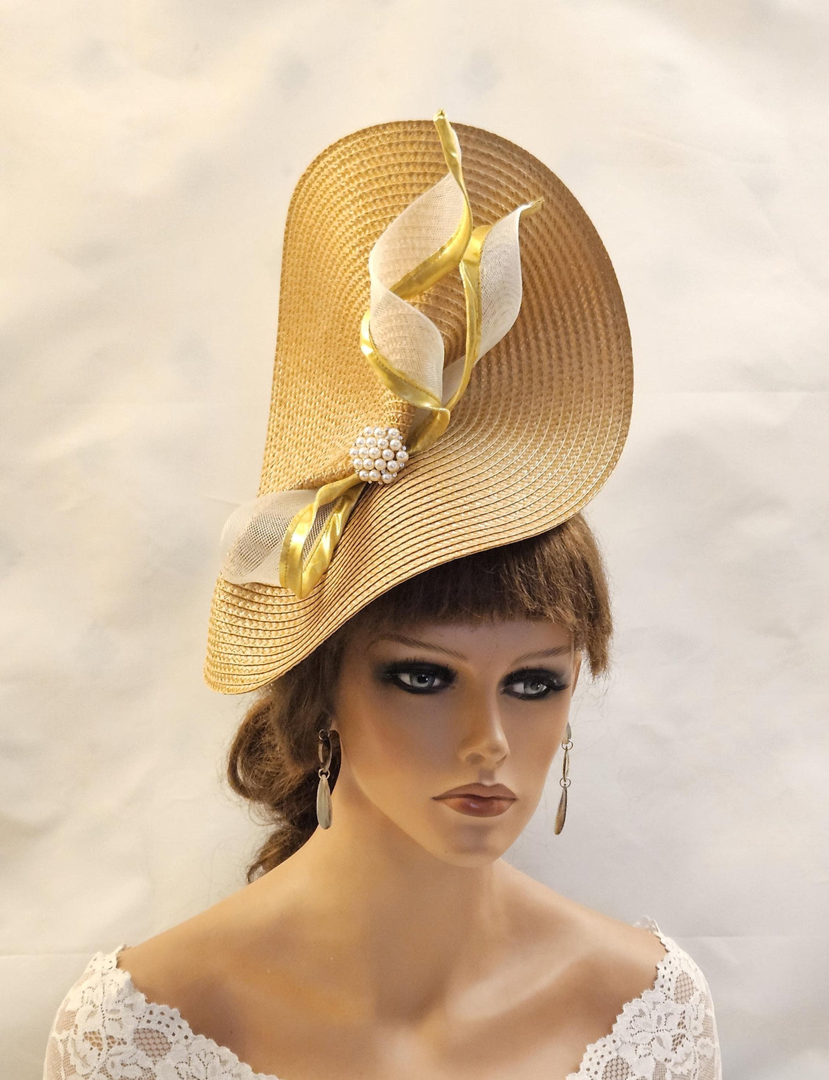Mustard Gold Fascinator Hat: Pearl Cluster Crin Swirl, Derby Wedding Hatinator