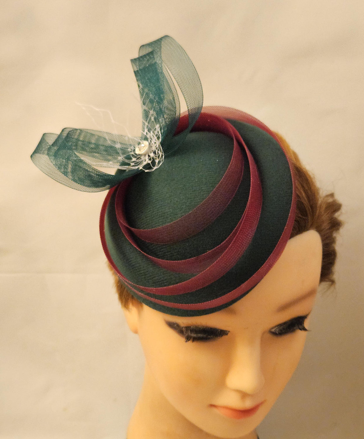Green and Maroon Felt like pillbox Hat for TeaParty