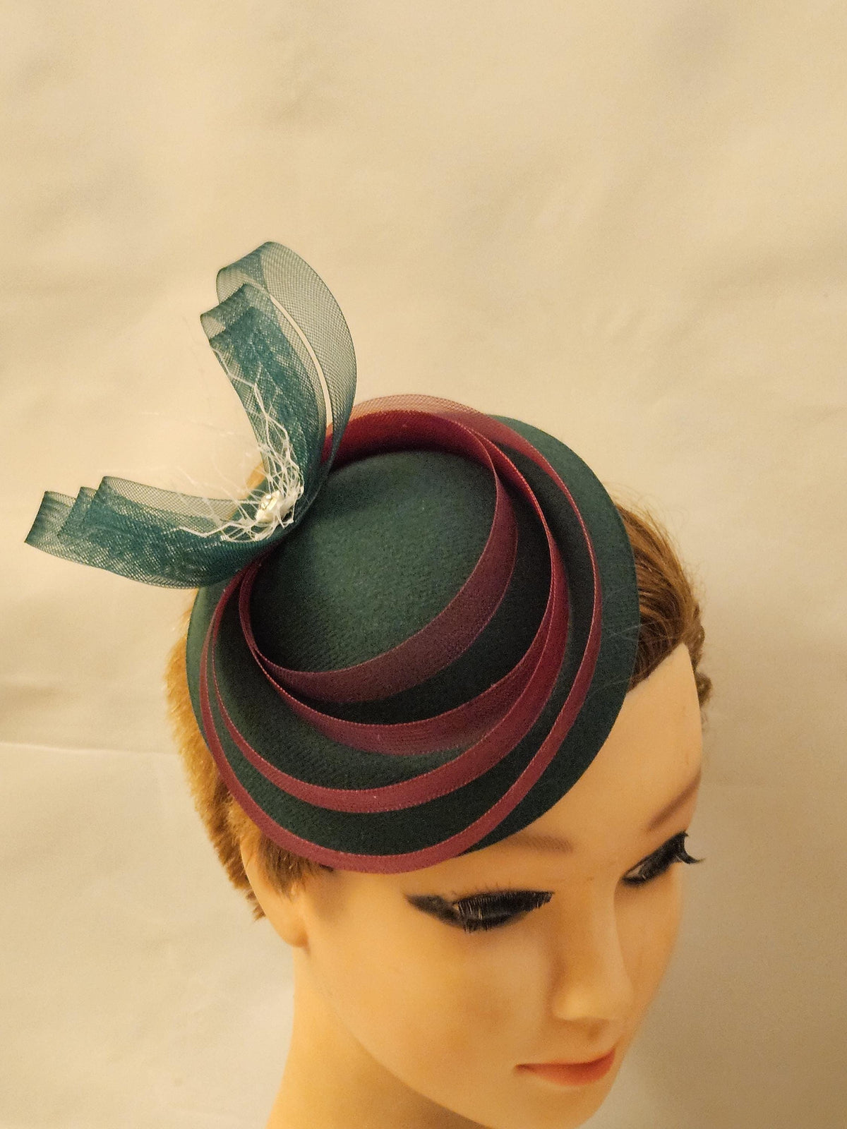 Green Felt Pillbox Fascinator Hat: Maroon Ribbon, Race Day Headpiece