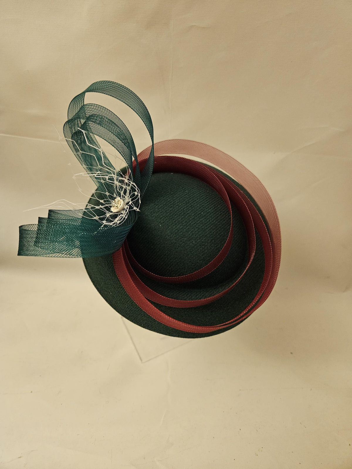 Green Felt Pillbox Fascinator Hat: Maroon Ribbon, Race Day Headpiece