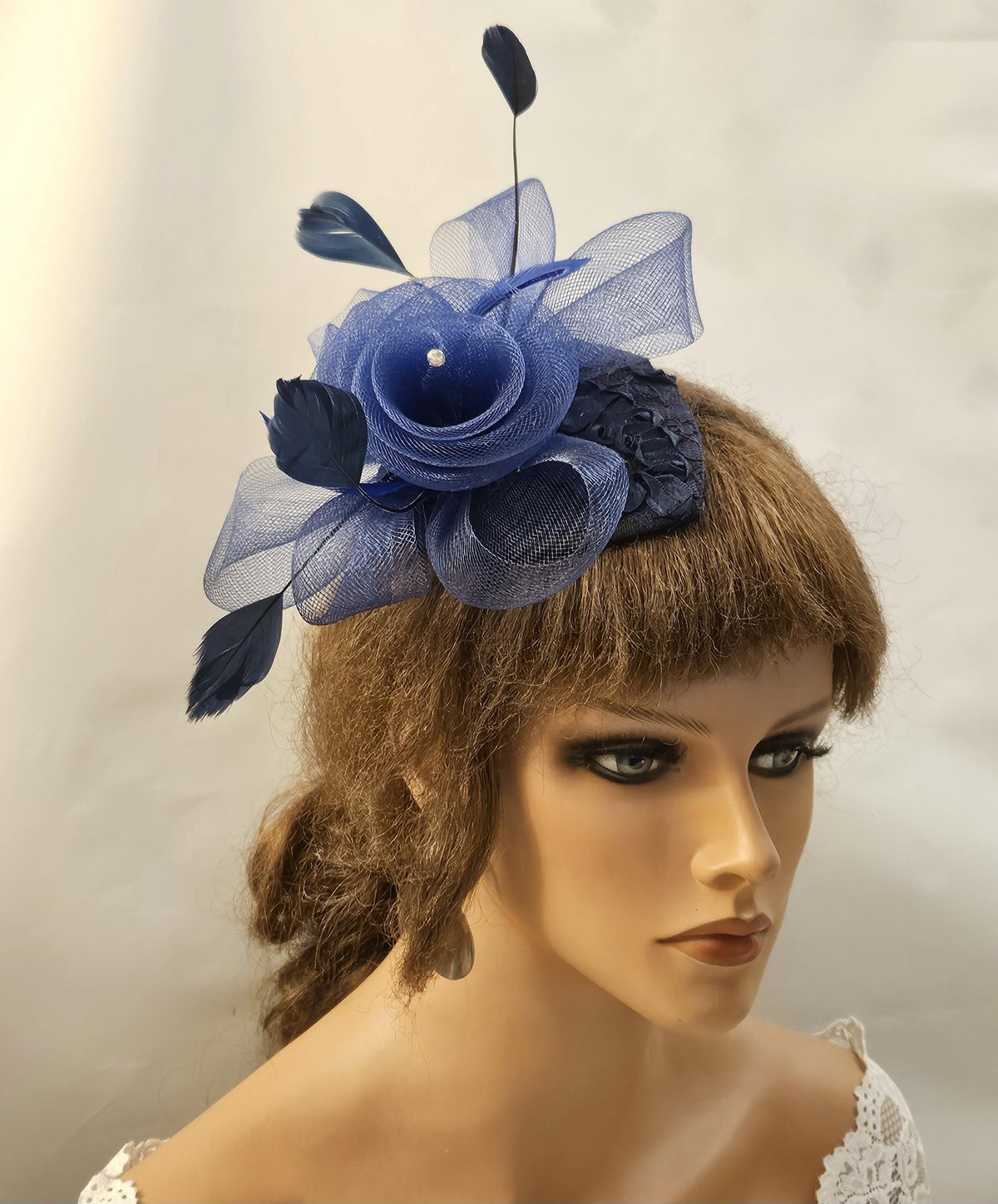 NAVY BLUE HAT fascinator, Hat fascinator blue hat with Crinoline roses Feathers Ascot hat fascinator Wedding,Race,Cocktail