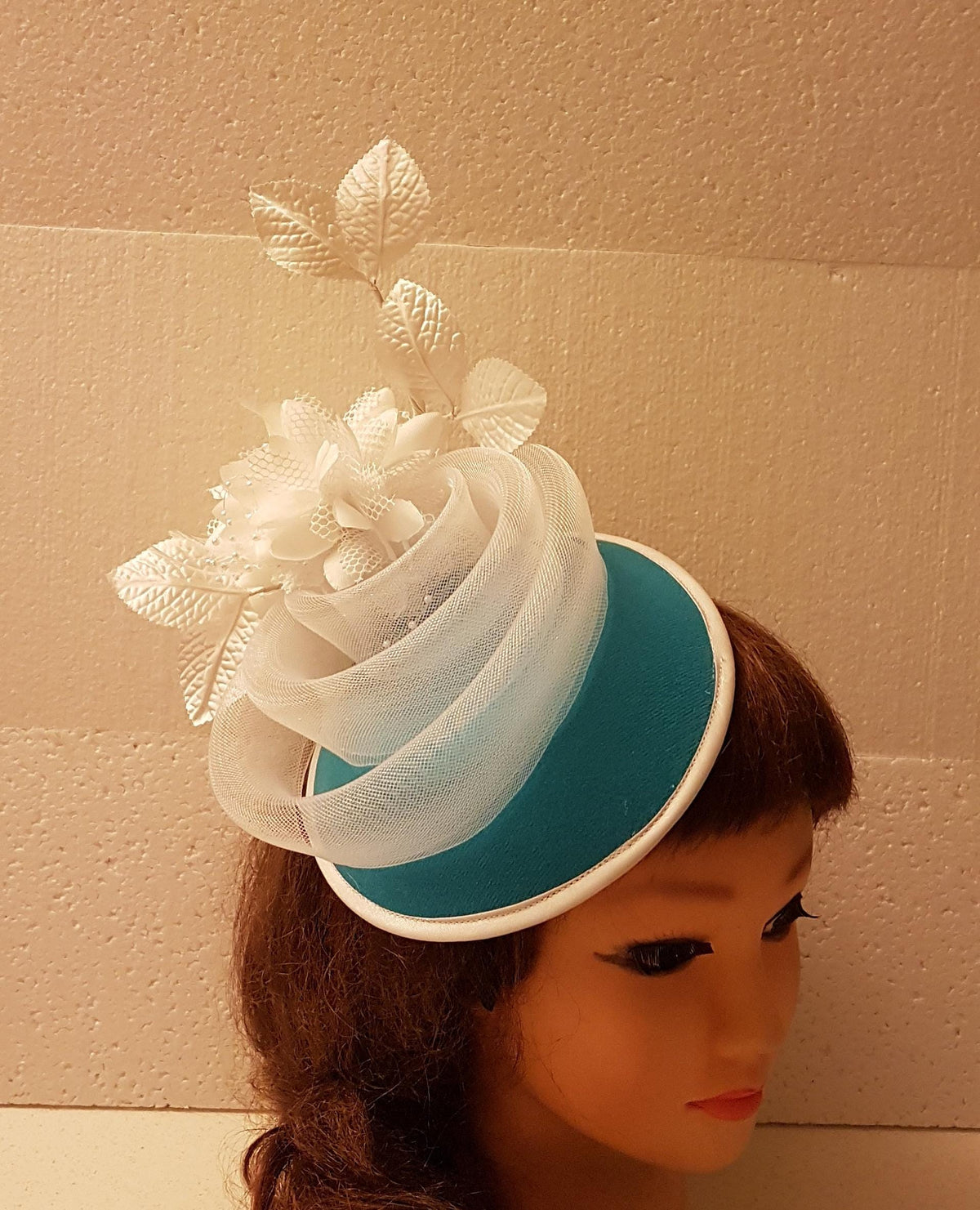 Blue Fascinator Hat, White Flowers, Ascot Race Wedding Headpiece