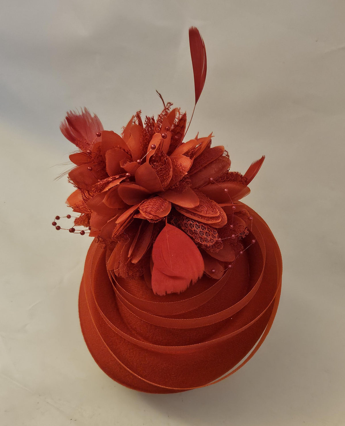 Red Fascinator Hat: Vintage Style Pillbox with Feather Flower