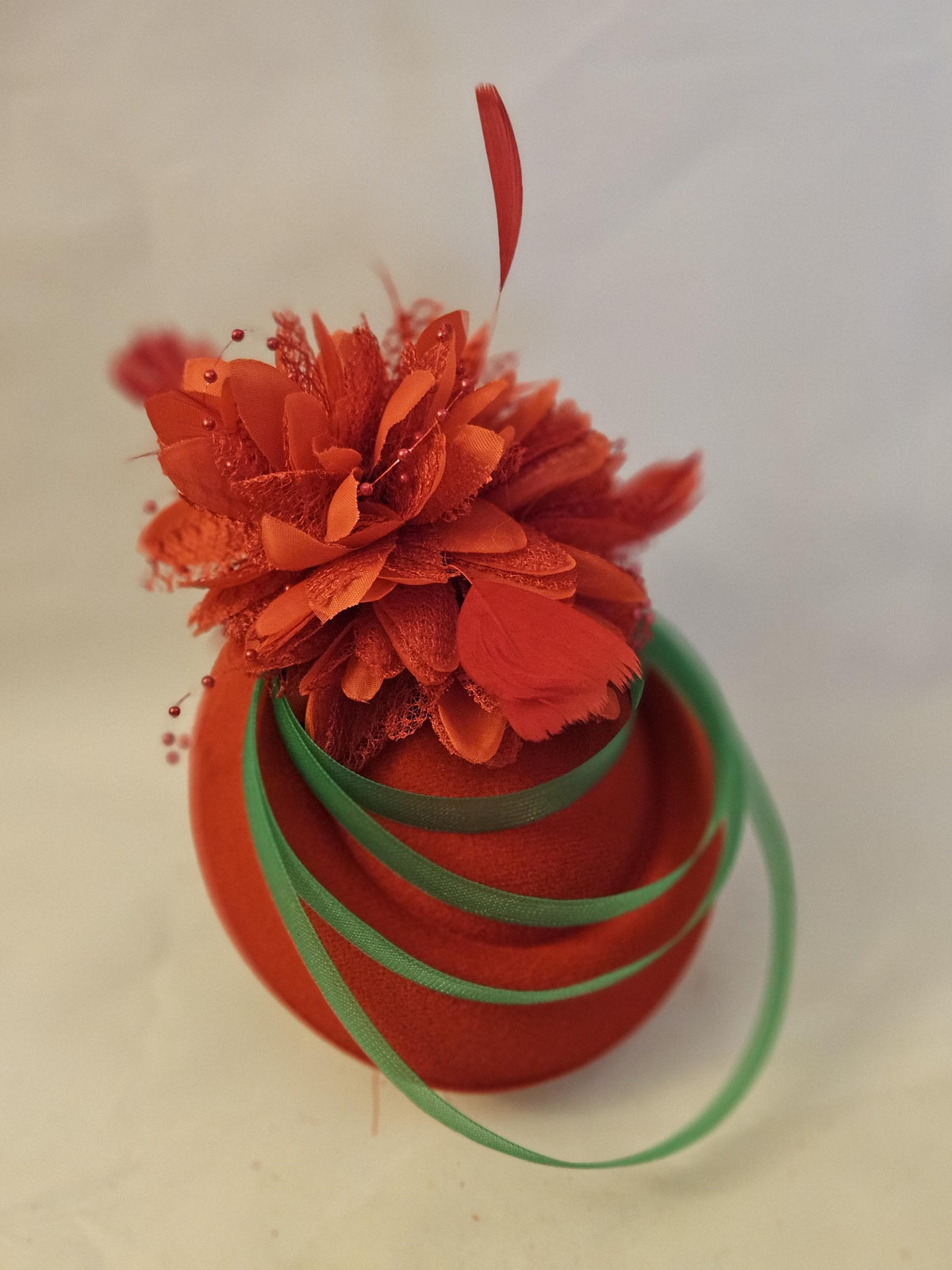 Red & Green Fascinator Hat: Feather Flower Headband