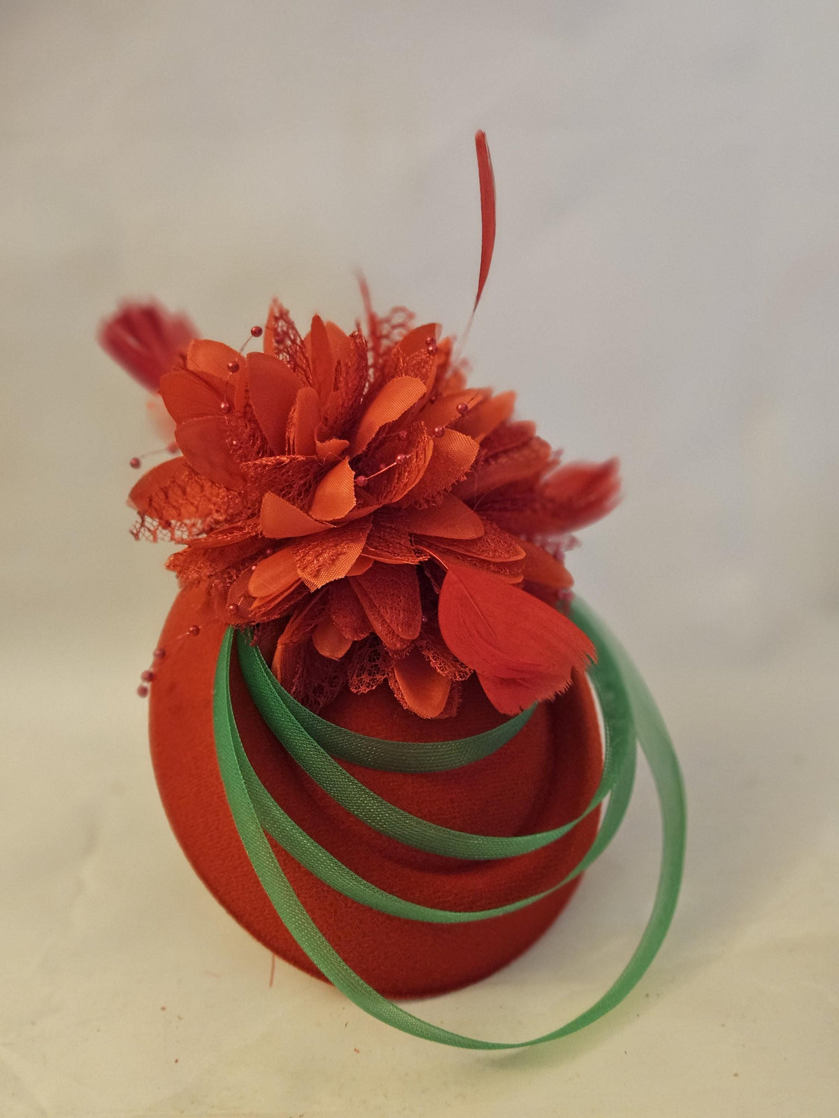 Red & Green Fascinator Hat: Feather Flower Headband