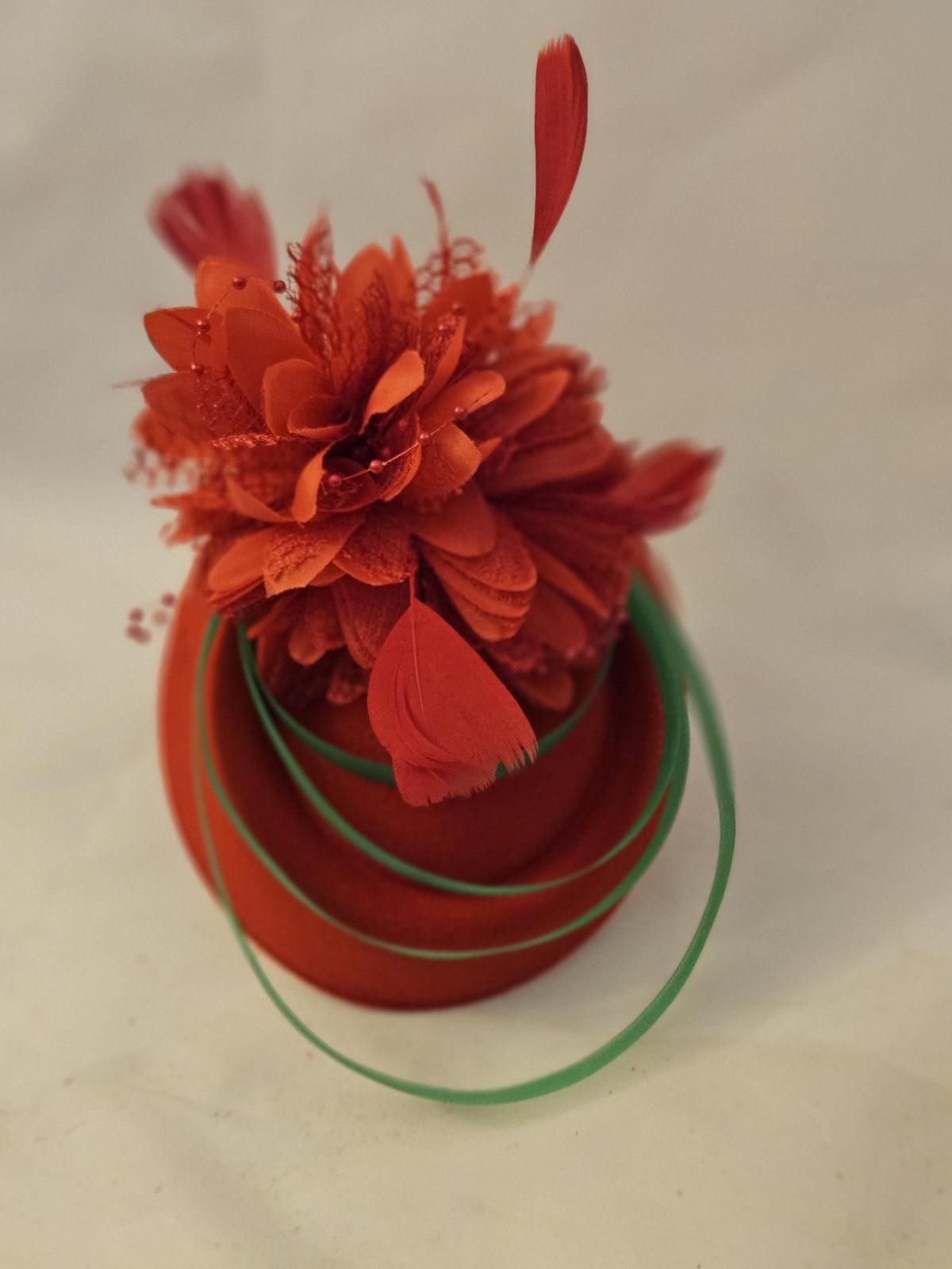 Red & Green Fascinator Hat: Feather Flower Headband