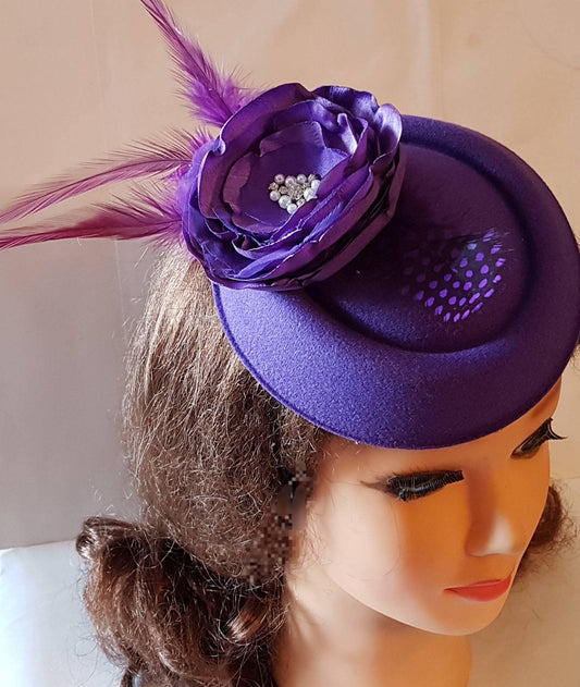 Purple Pillbox Hat Fascinator, Feather Flower, Ascot Headpiece