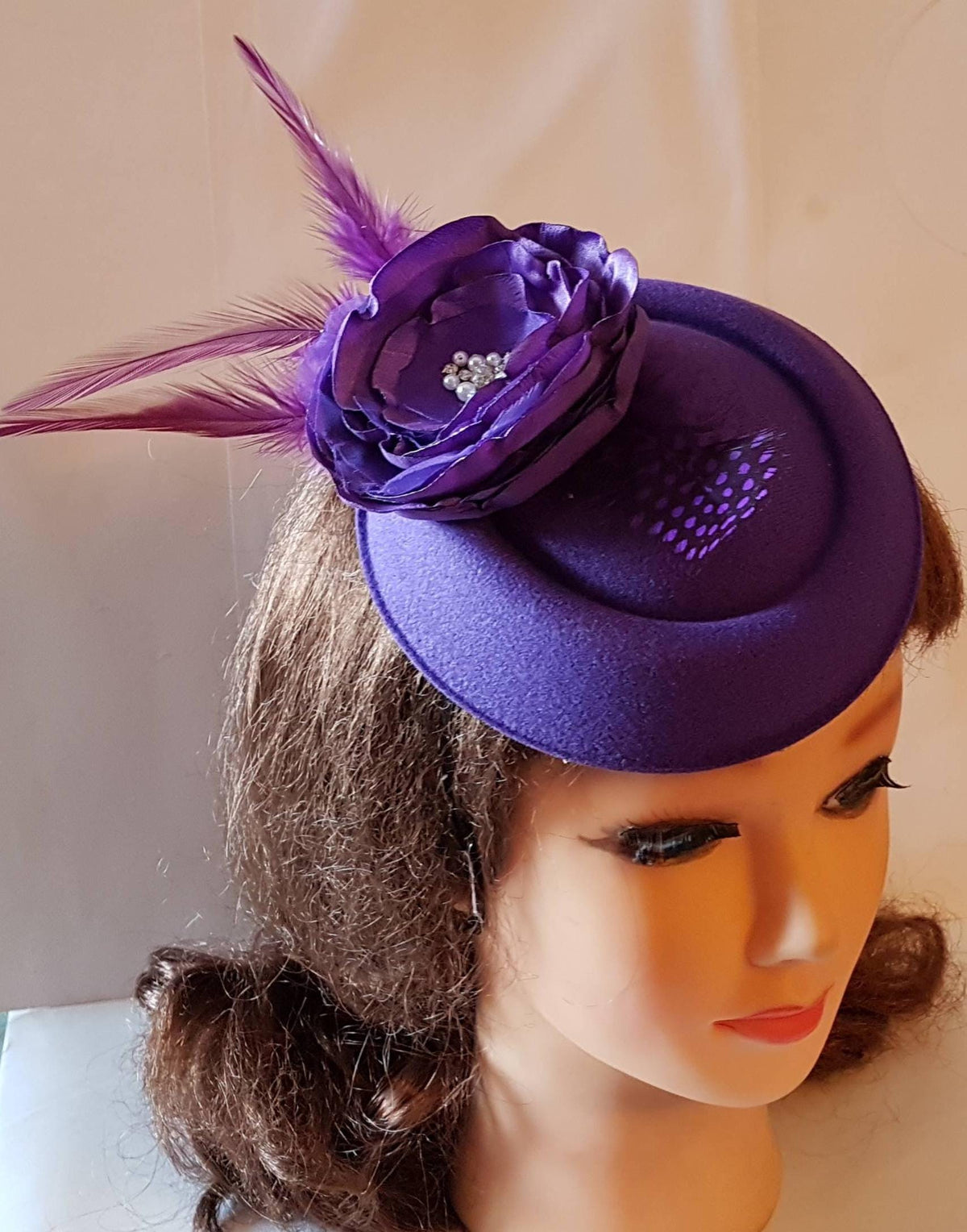 Purple Pillbox Hat Fascinator, Feather Flower, Ascot Headpiece