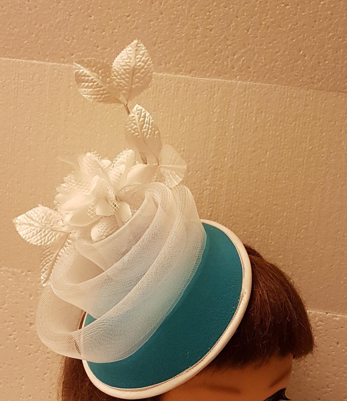 Blue Fascinator Hat, White Flowers, Ascot Race Wedding Headpiece