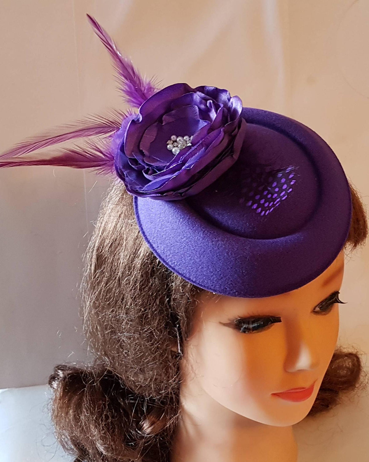 Purple Pillbox Hat Fascinator, Feather Flower, Ascot Headpiece