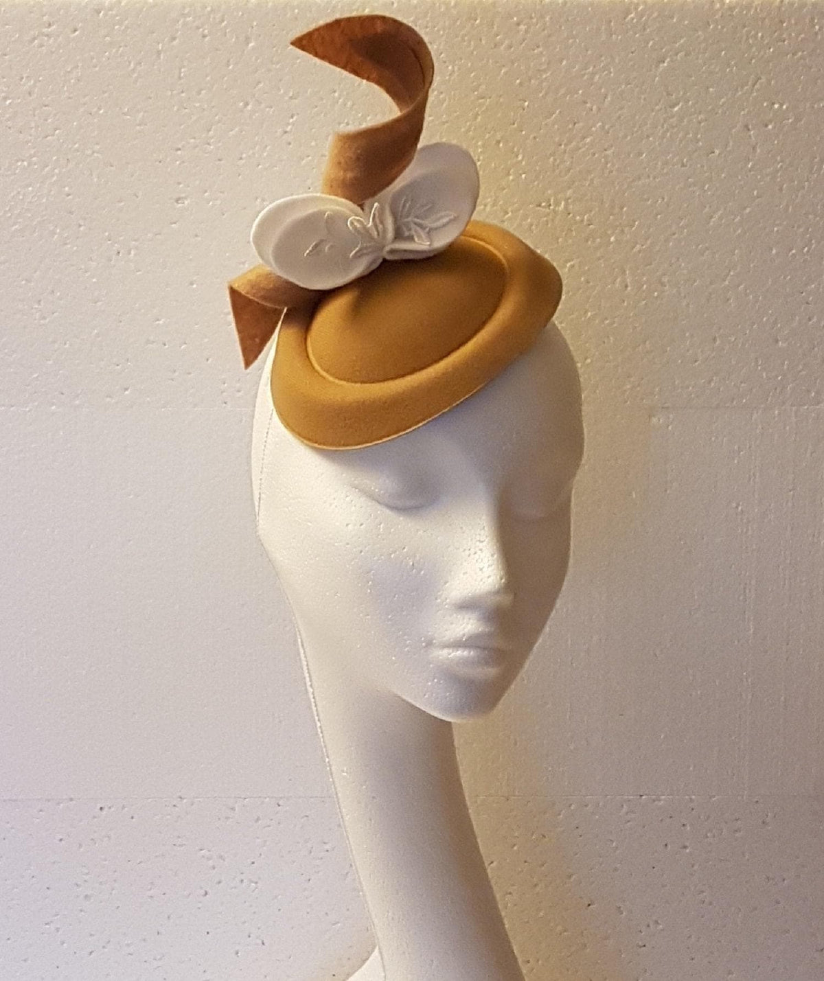 Tan Fascinator Hat with White Felt Leaves, Wedding Ascot Headpiece