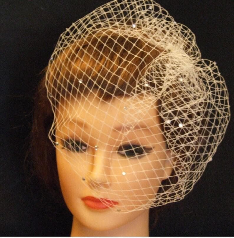 Blush Pink Birdcage Veil - Bridal Fascinator Crystal Pearl Headpiece