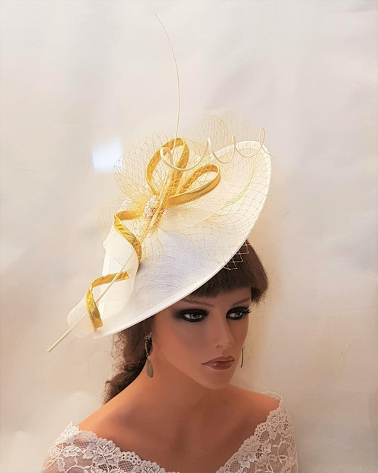 WHITE & GOLD HAT FASCINATOR FOR WEDDING