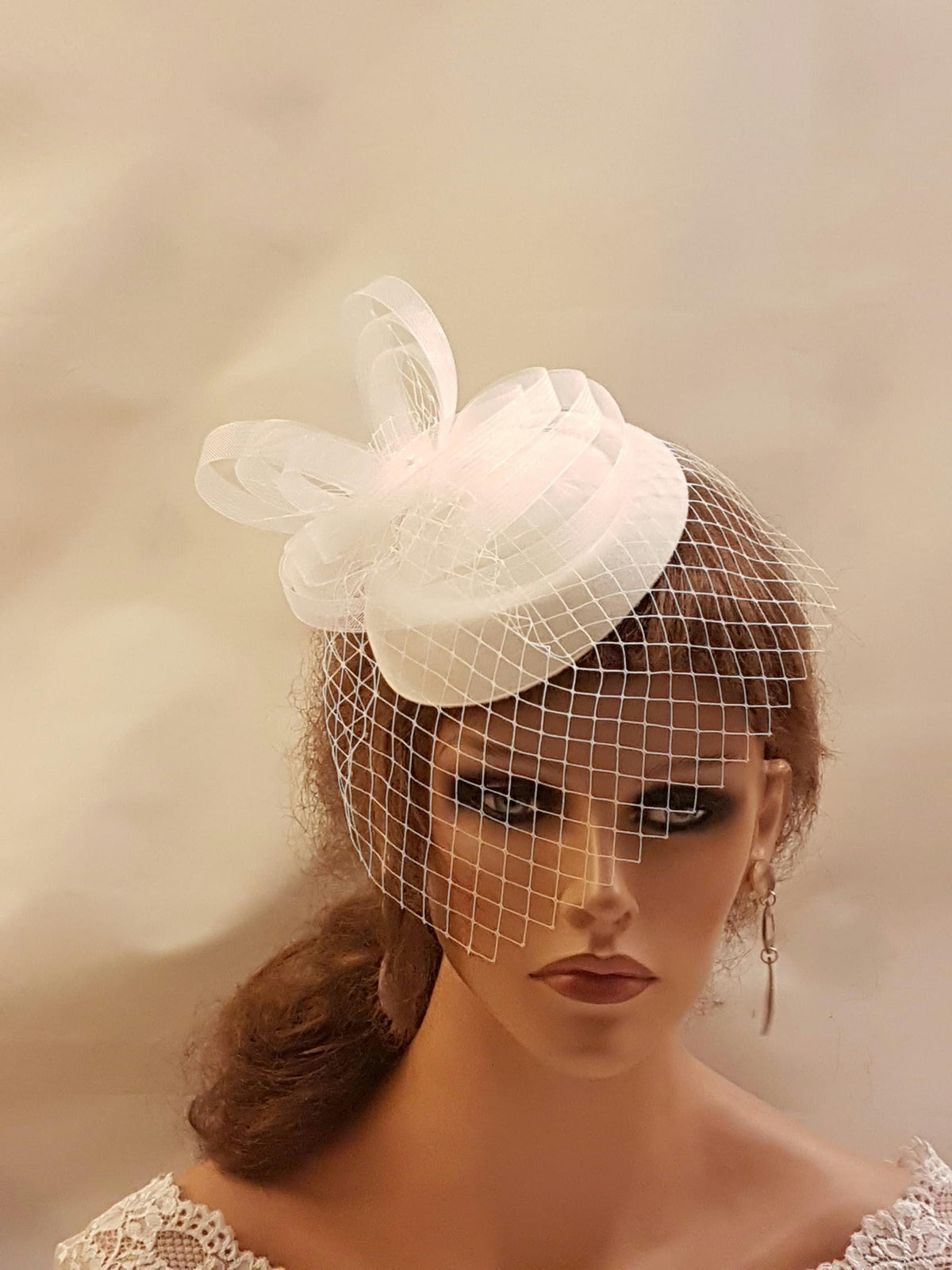 White, Ivory/Beige #birdcage veil pillbox hat fascinator
