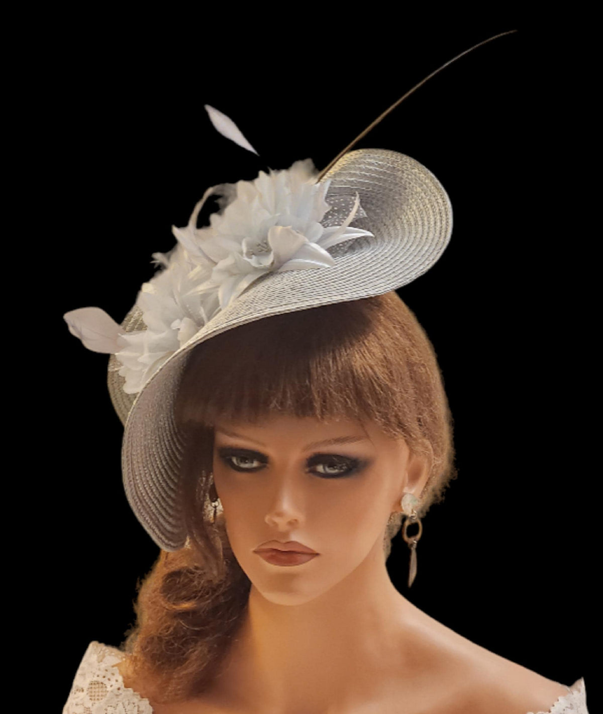 SILVER GREY MOTHER OF THE BRIDE FASCINATOR HAT. Wedding, Ascot, Races Kentucky Derby Hat with Long Quill Feather and sillkfeathered flowers
