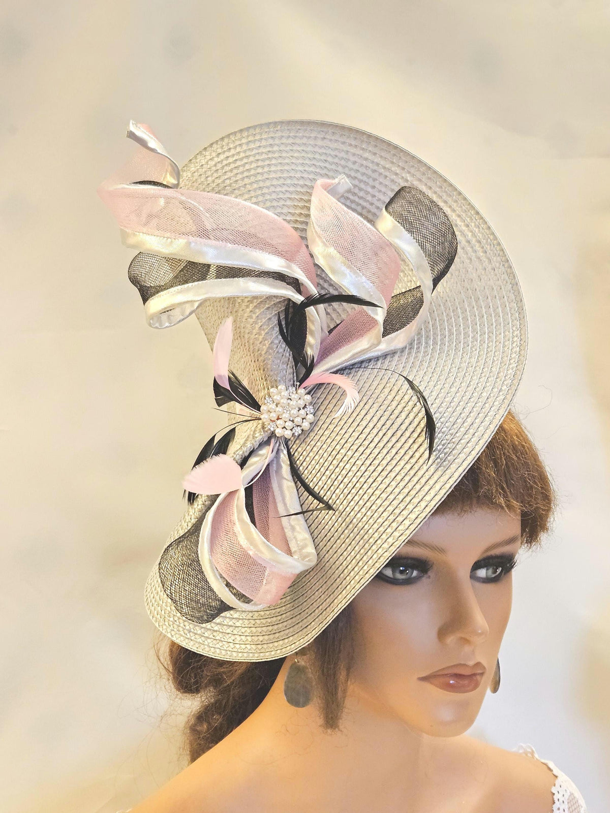 Silver Grey Mother of the bride hat fascinator . Silver grey, Pink and Black fascinator for Ascot, Coctail, Tea parties