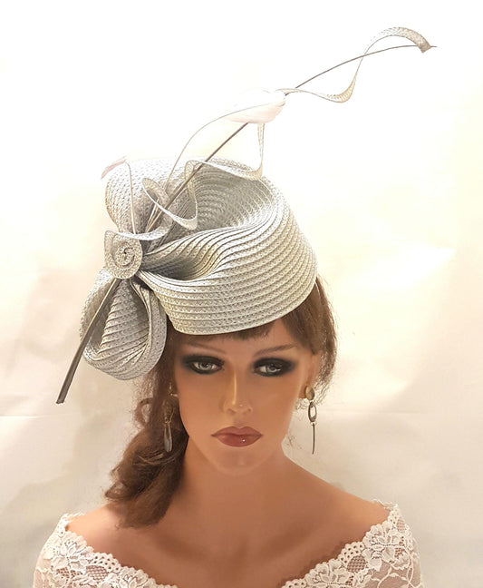 Silver Grey Fascinator Hat: Quill Feather Ascot Headwear