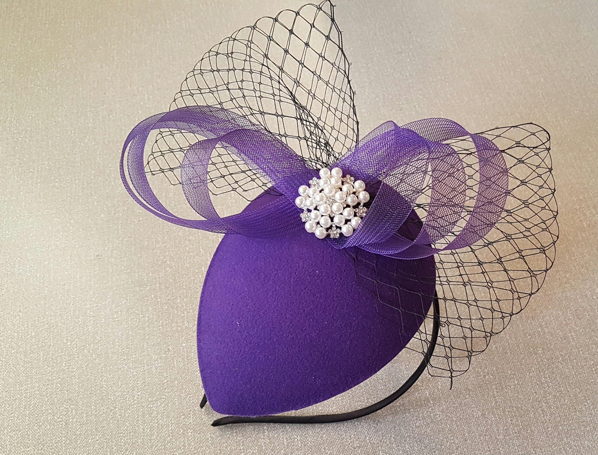 Purple Teardrop Fascinator: Handmade Small Felt Hat with Black Birdcage Veil.