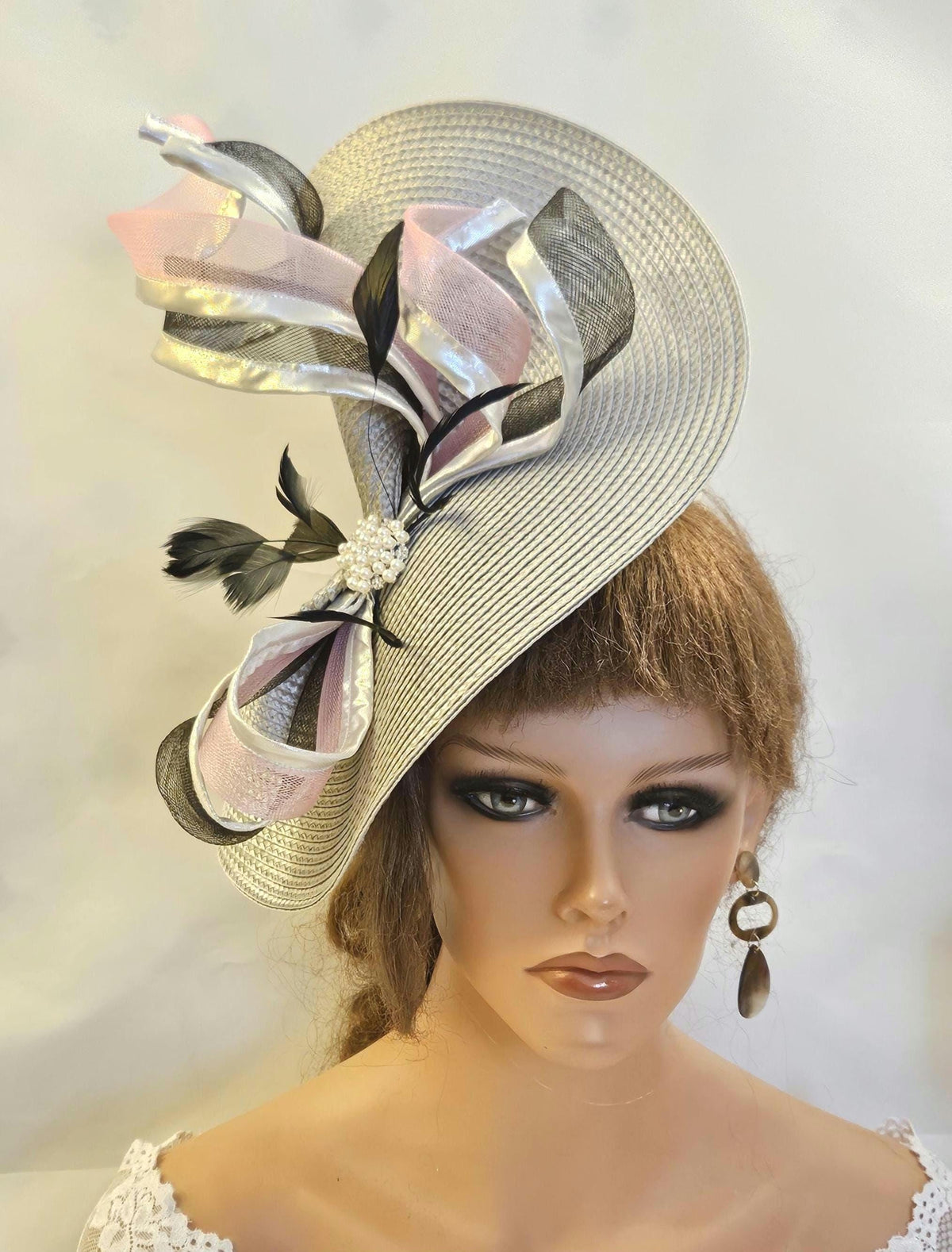 Silver Grey hat fascinator with Pink and Black crinoline Swril details and Feathers. Mother of the bride, Royal Ascot hat fascinator