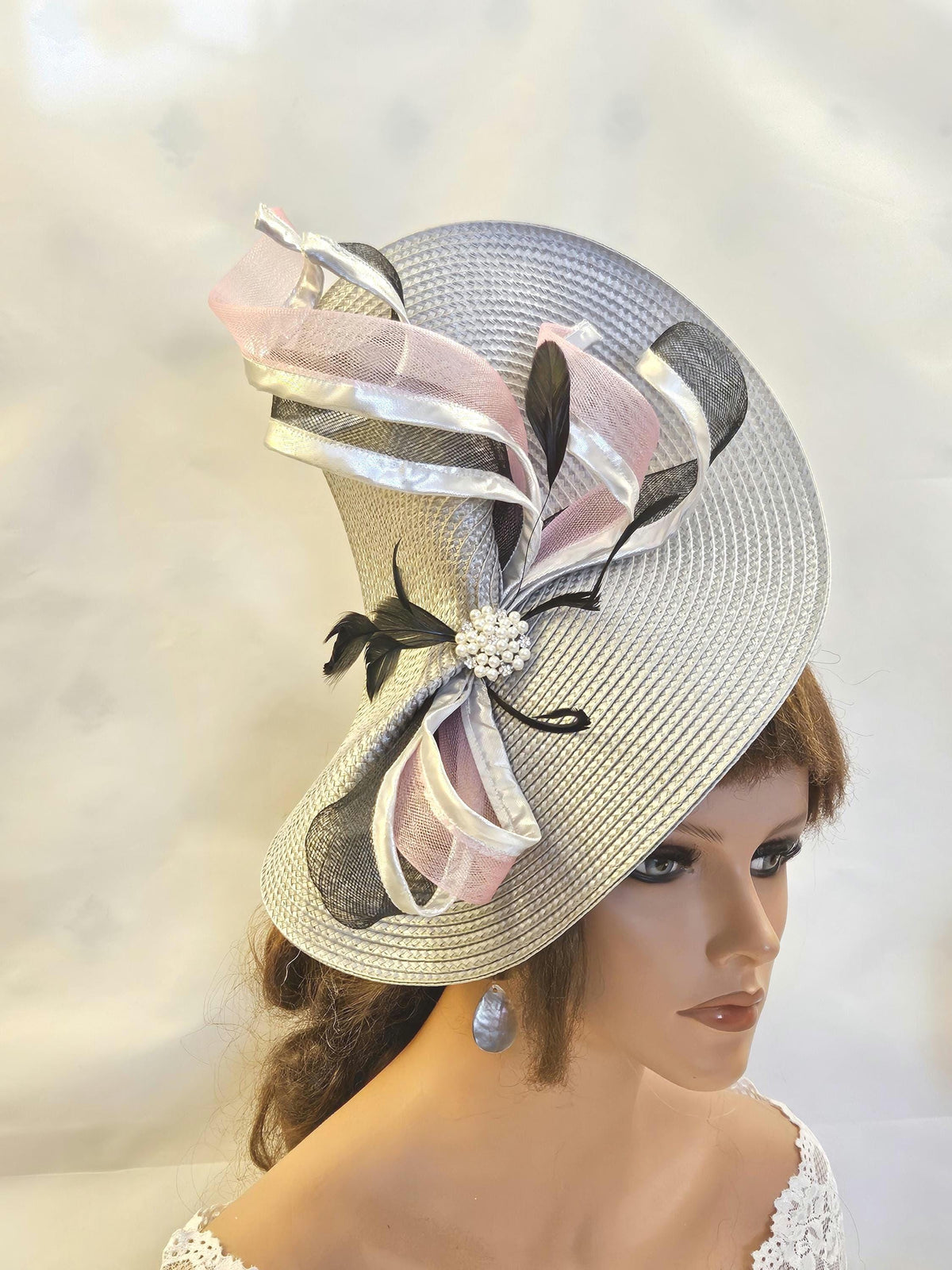 Silver Grey Fascinator with Pink and White CRINOLINE Swril and feathers