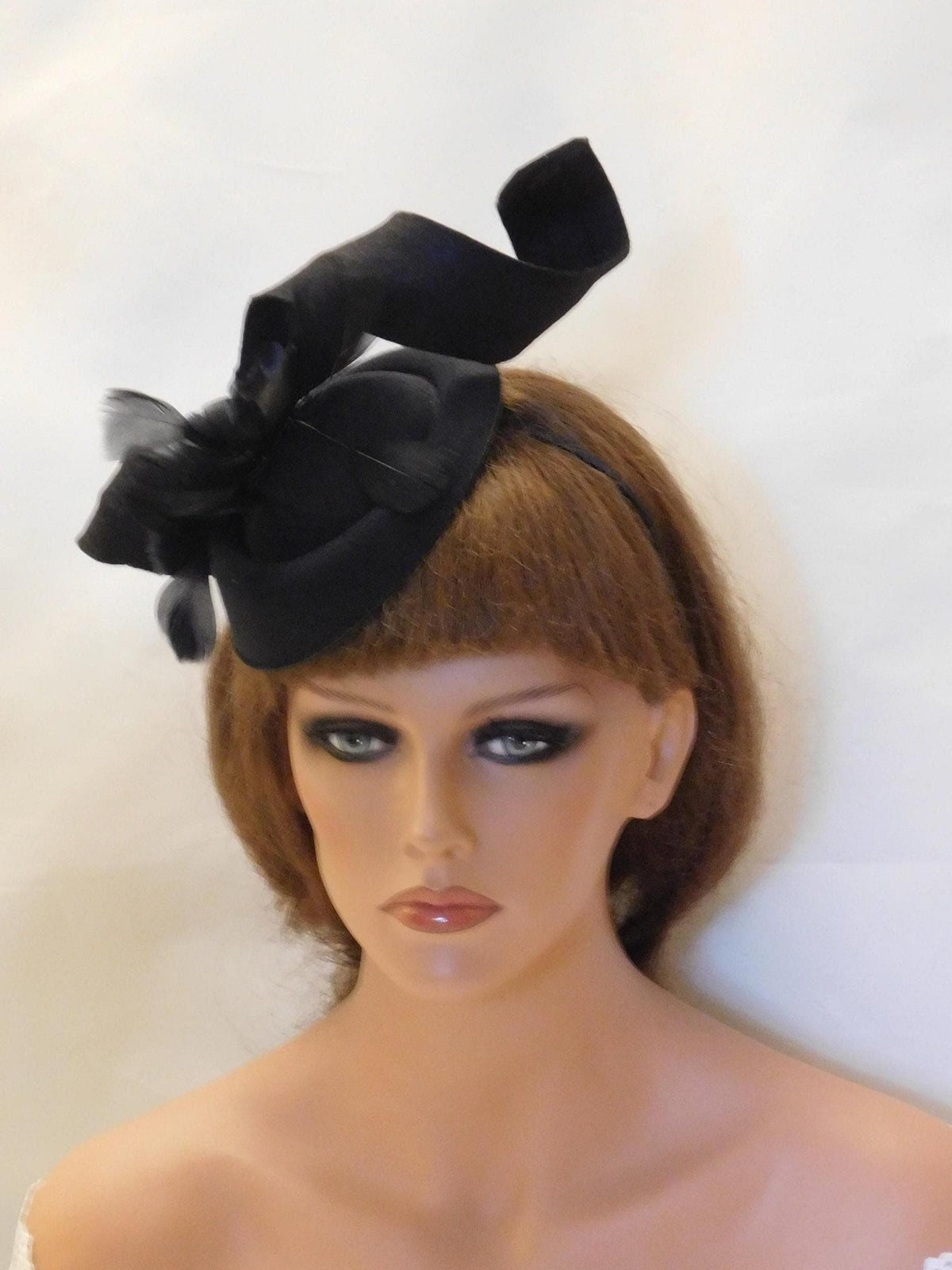 Black Felt Fascinator Hat, Feather Swirl, Kentucky Derby, Ascot, Wedding, Cocktail Church Hat
