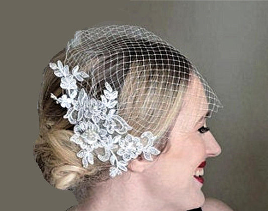 Bridla White, Ivory Birdcage Veil Fascinator