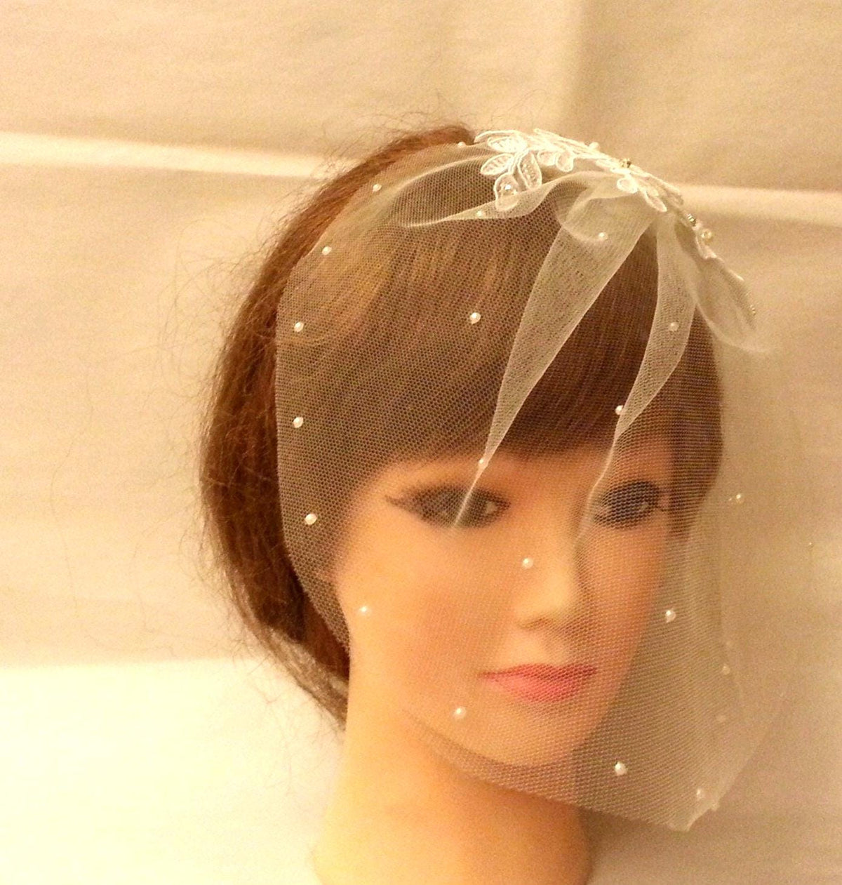 Bridal Birdcage Veil: Lace Fascinator with Diamonte Pearls
