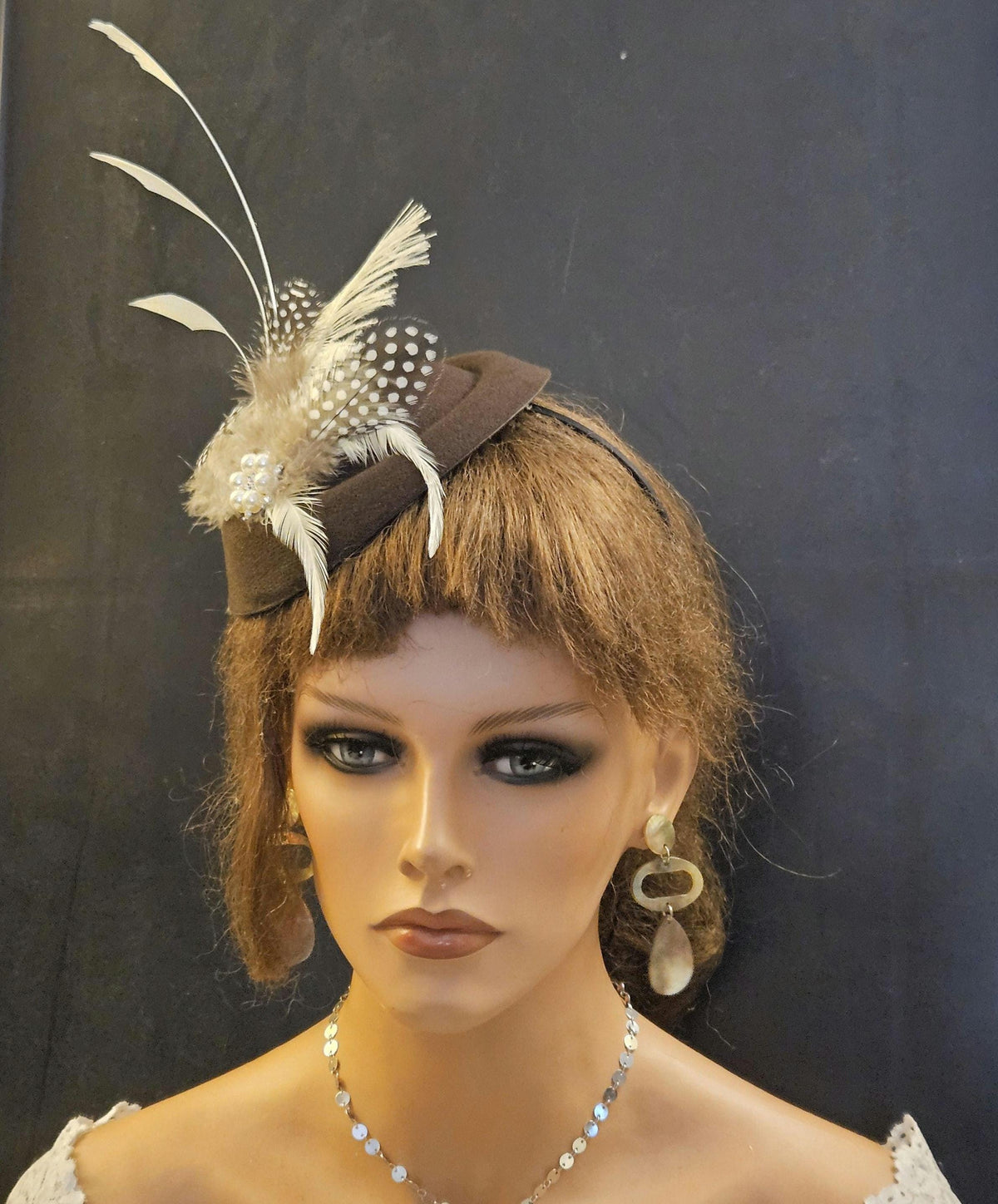 Brown Feather Fascinator: Beige Ostrich & Spotty Guinea Fowl, Ascot,wedding Coctail party Hat