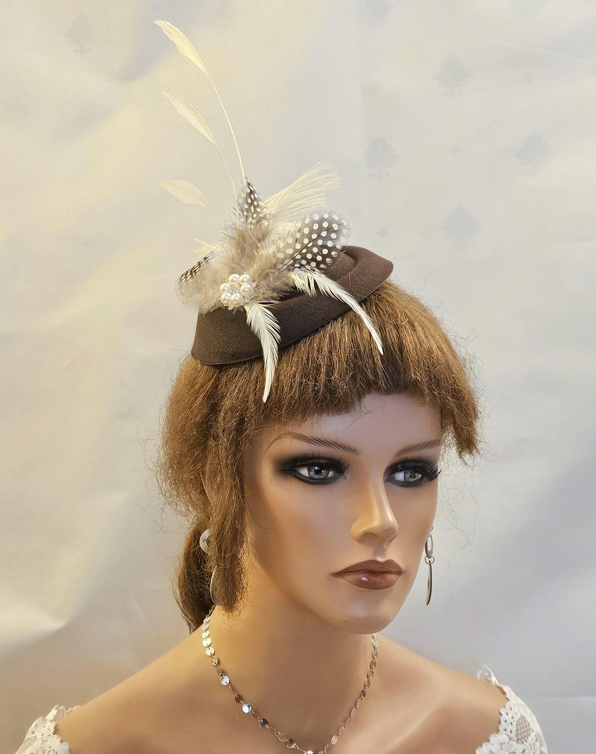 Brown Feather Fascinator: Beige Ostrich & Spotty Guinea Fowl, Ascot,wedding Coctail party Hat
