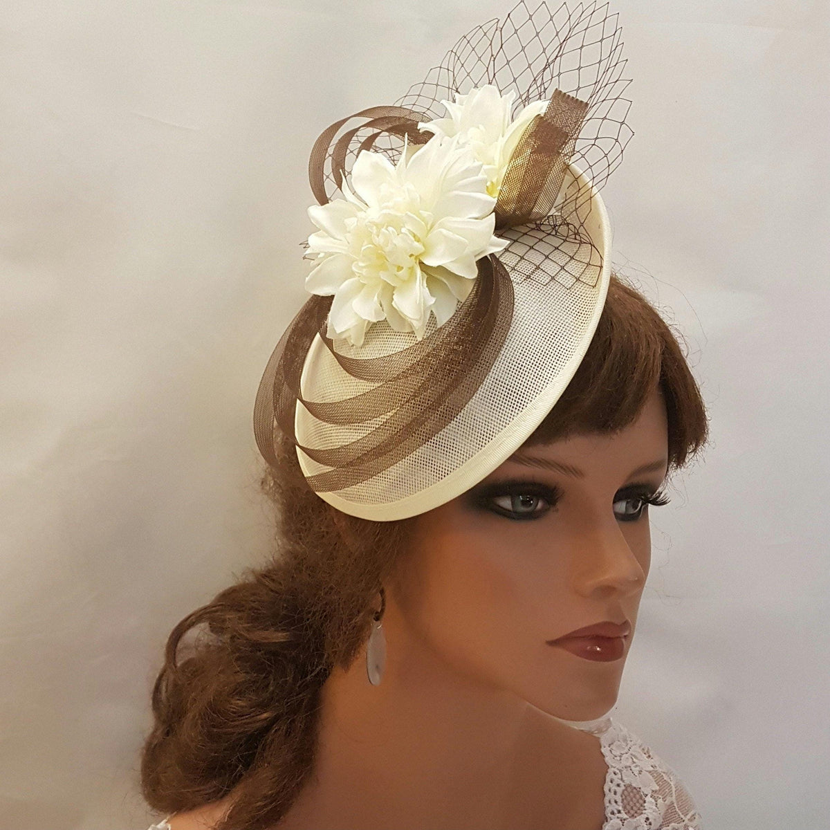 Brown & Ivory Fascinator Hat: Wedding Ascot Races Hatinator