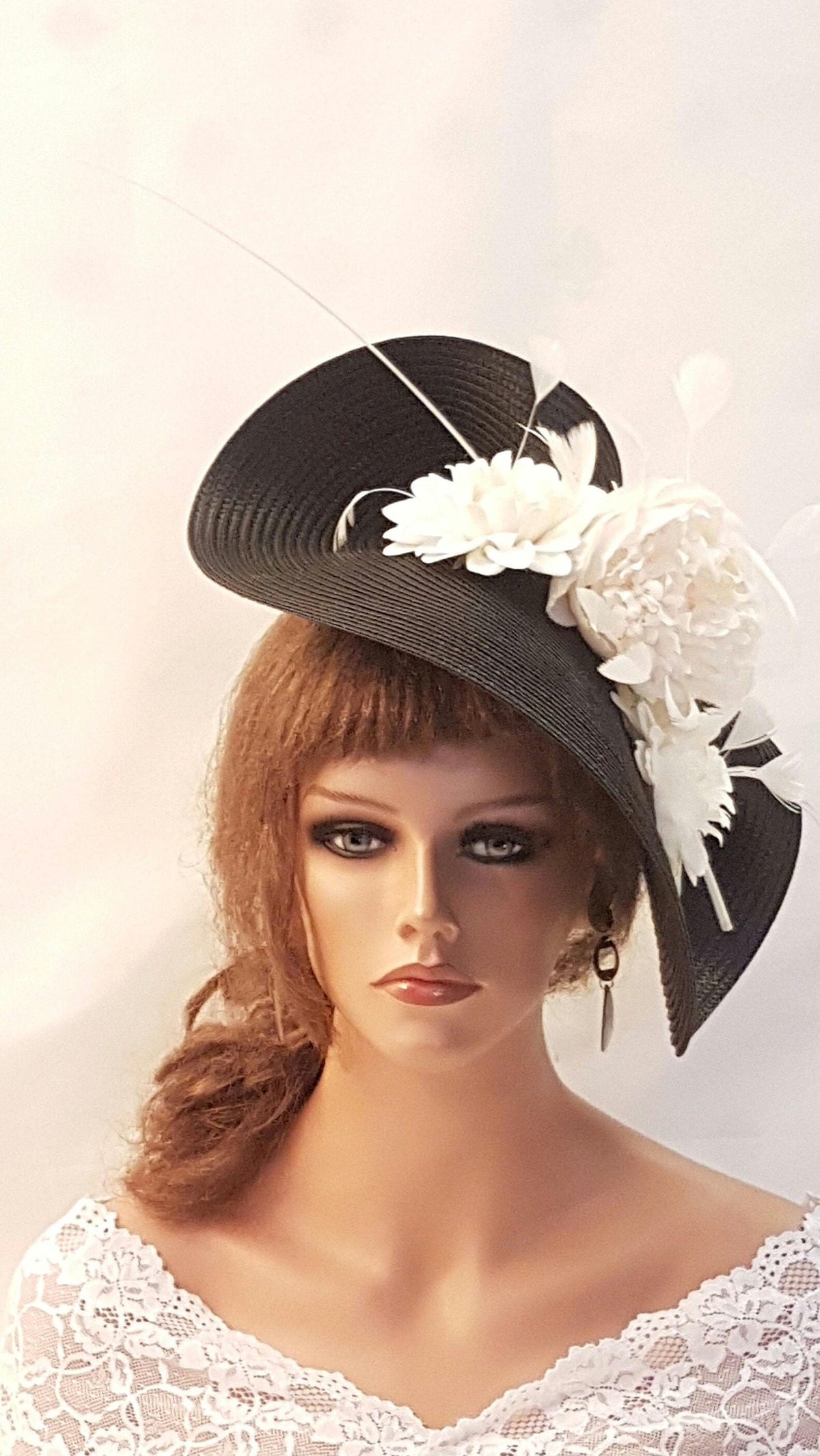 Black Saucer Hatinator: Ivory Floral Quill Feather Ascot Hat