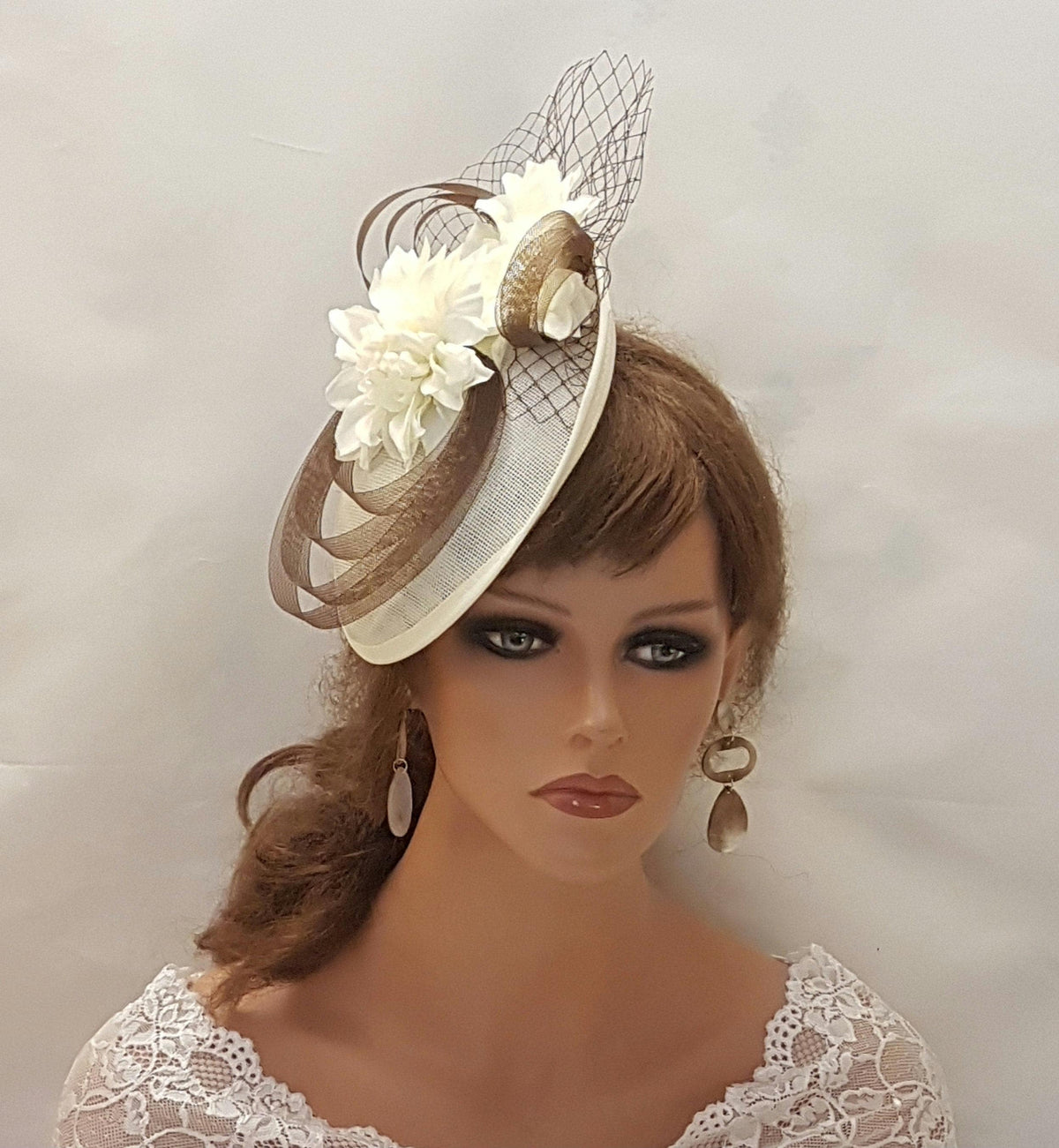 Brown & Ivory Fascinator Hat: Wedding Ascot Races Hatinator