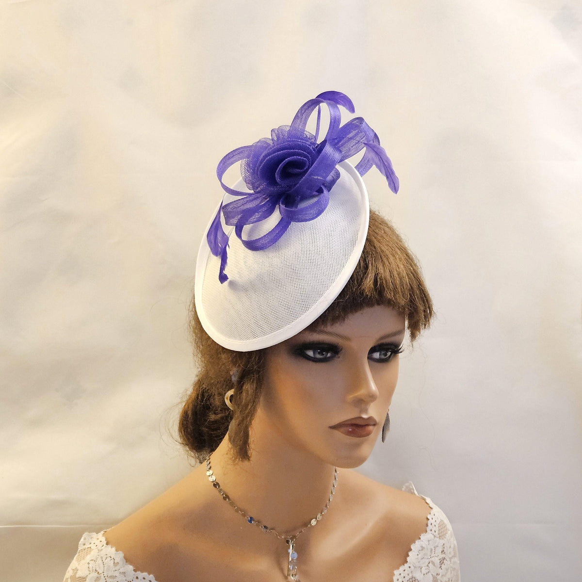 WHITE and Purple Fascinator Hat: Handmade Feather Ascot, Wedding, Race Day Headpiece