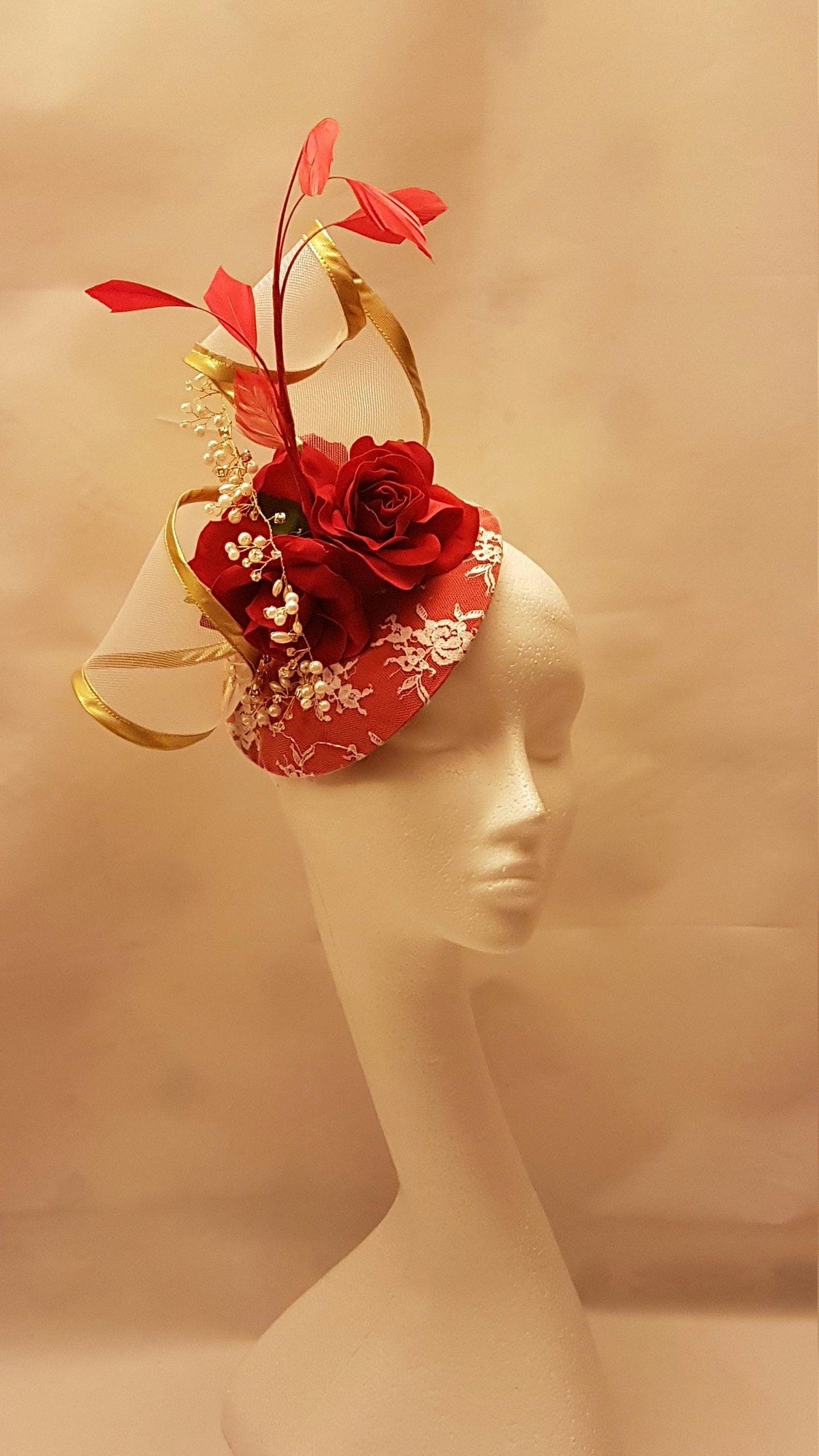 Red Rose Fascinator Hat, Gold Edge Swirl, Wedding Ascot Races