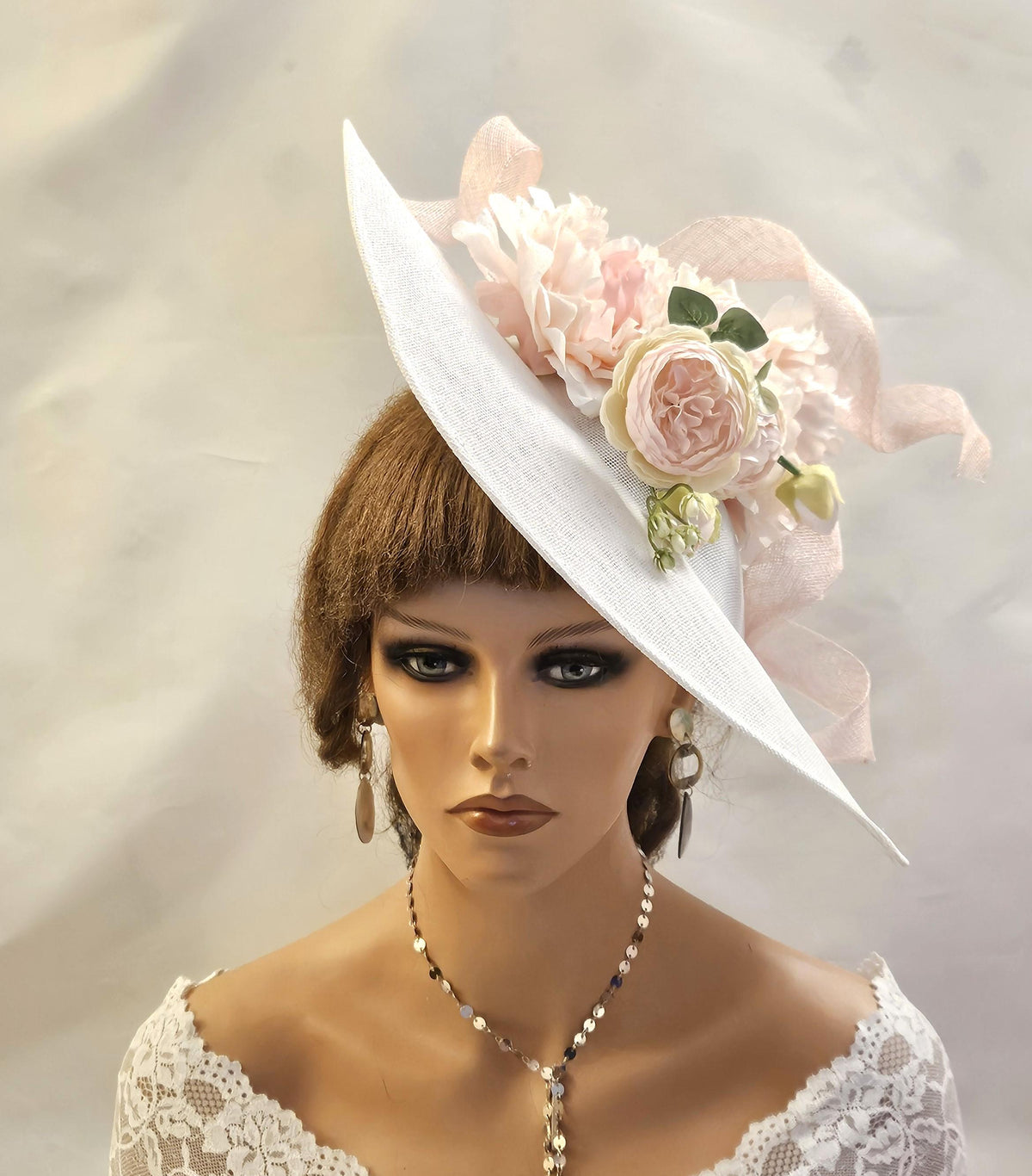 Large WHITE & Blush Pink fascinator hat, Wedding headpiece, Mother of the bride /Groom Hatinator.