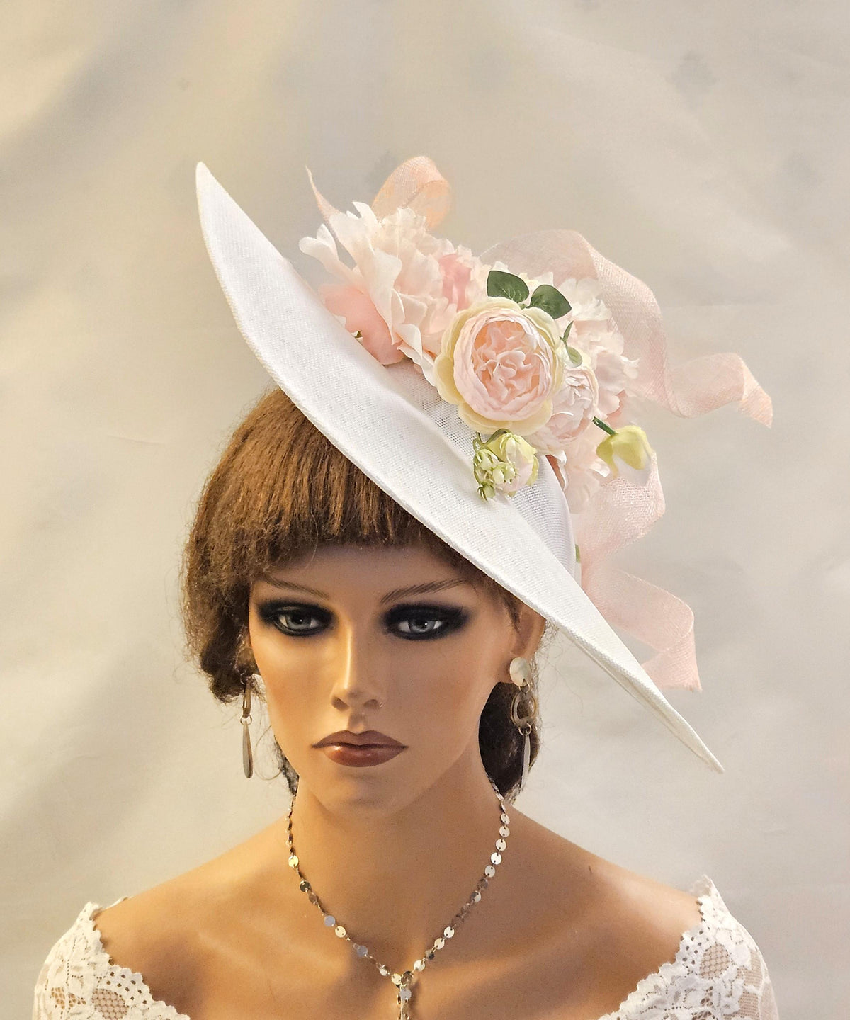 Large WHITE & Blush Pink fascinator hat, Wedding headpiece, Mother of the bride /Groom Hatinator.