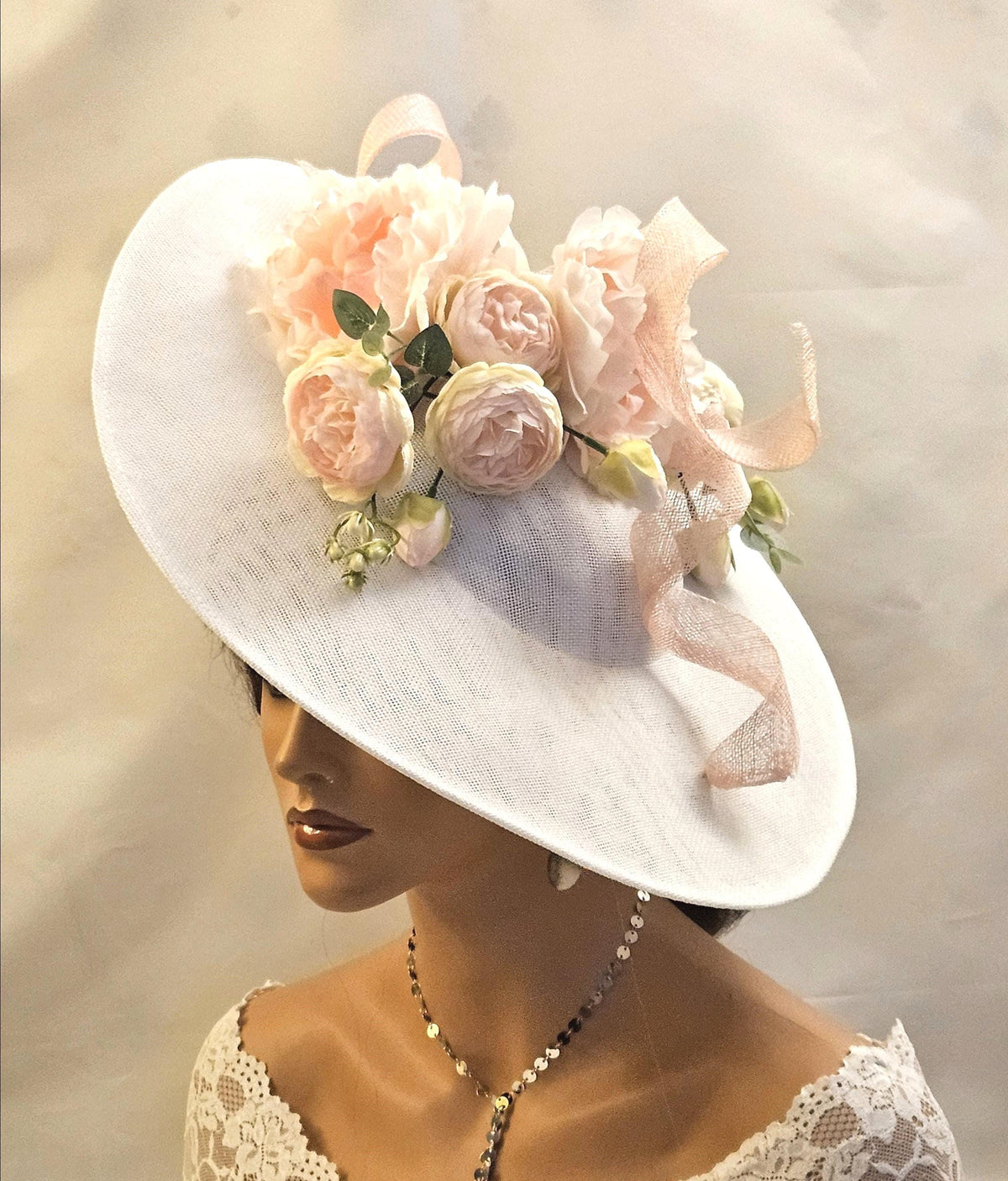 Large WHITE & Blush Pink fascinator hat, Wedding headpiece, Mother of the bride /Groom Hatinator.