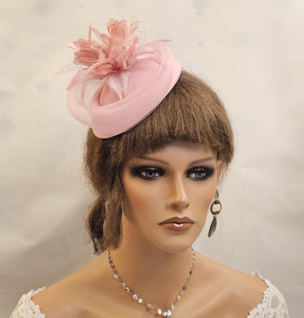 Pink pillbox hat fascinator with Crinoline, silk flower and Feathers