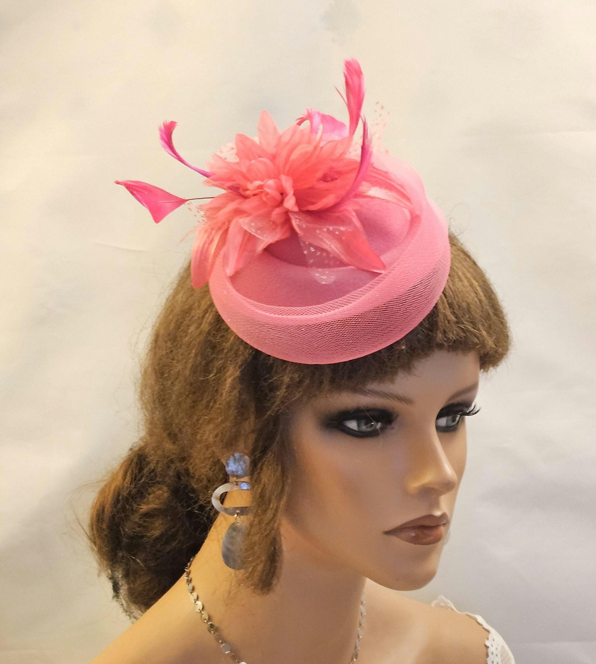 Hot Pink fascinator with featherd flower and crinoline