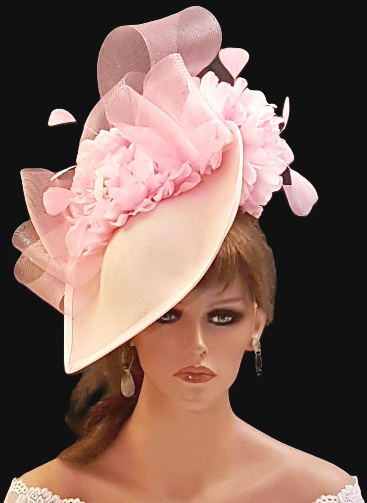 White and pink mother of the bride fascinator hat. Large Pink Fascinator